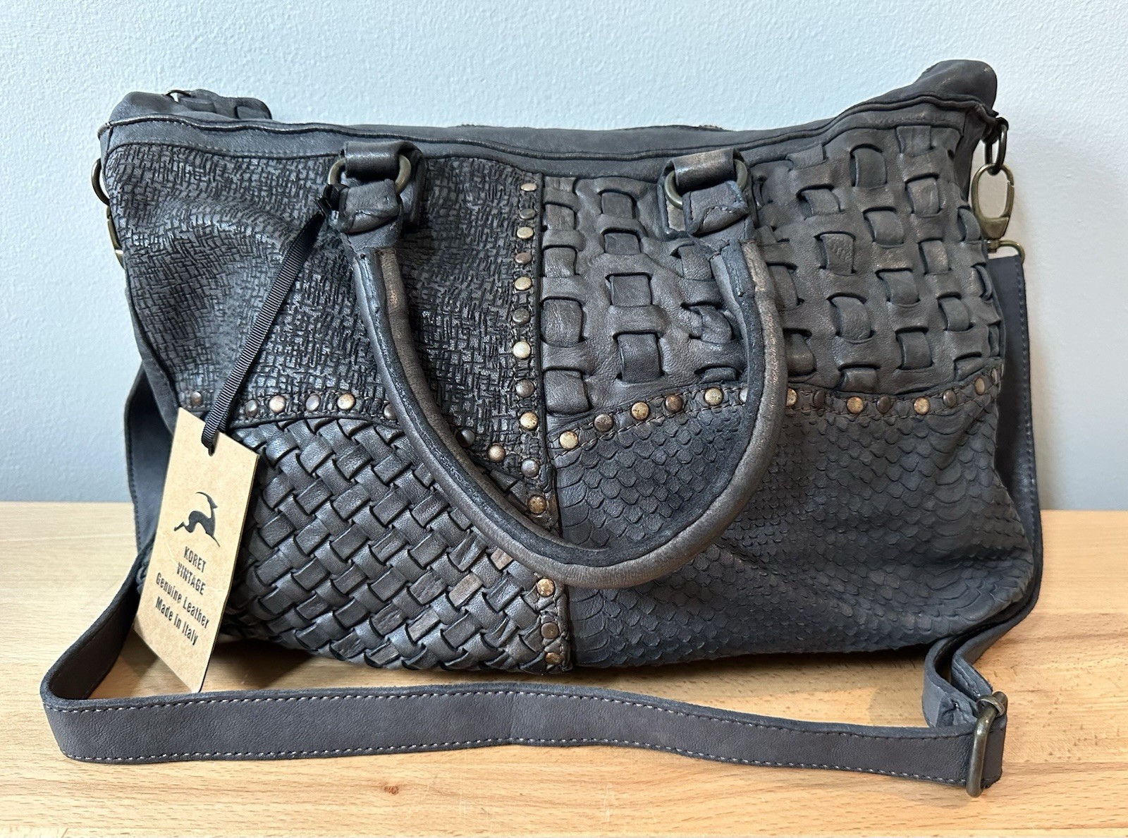 NWT Koret “Vintage” Double Strap Crossbody Gray  Studded Leather Handbag Purse