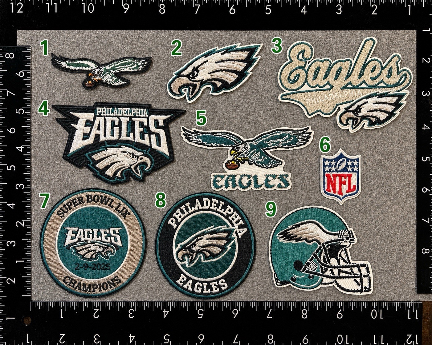 PHILADELPHIA EAGLES SET OF 9 NFL FOOTBALL IRON ON PATCHES SEE PHOTO/ RULER PHILADELPHIA EAGLES SET OF 9 NFL FOOTBALL IRON ON PATCHES SEE PHOTO/ RULER