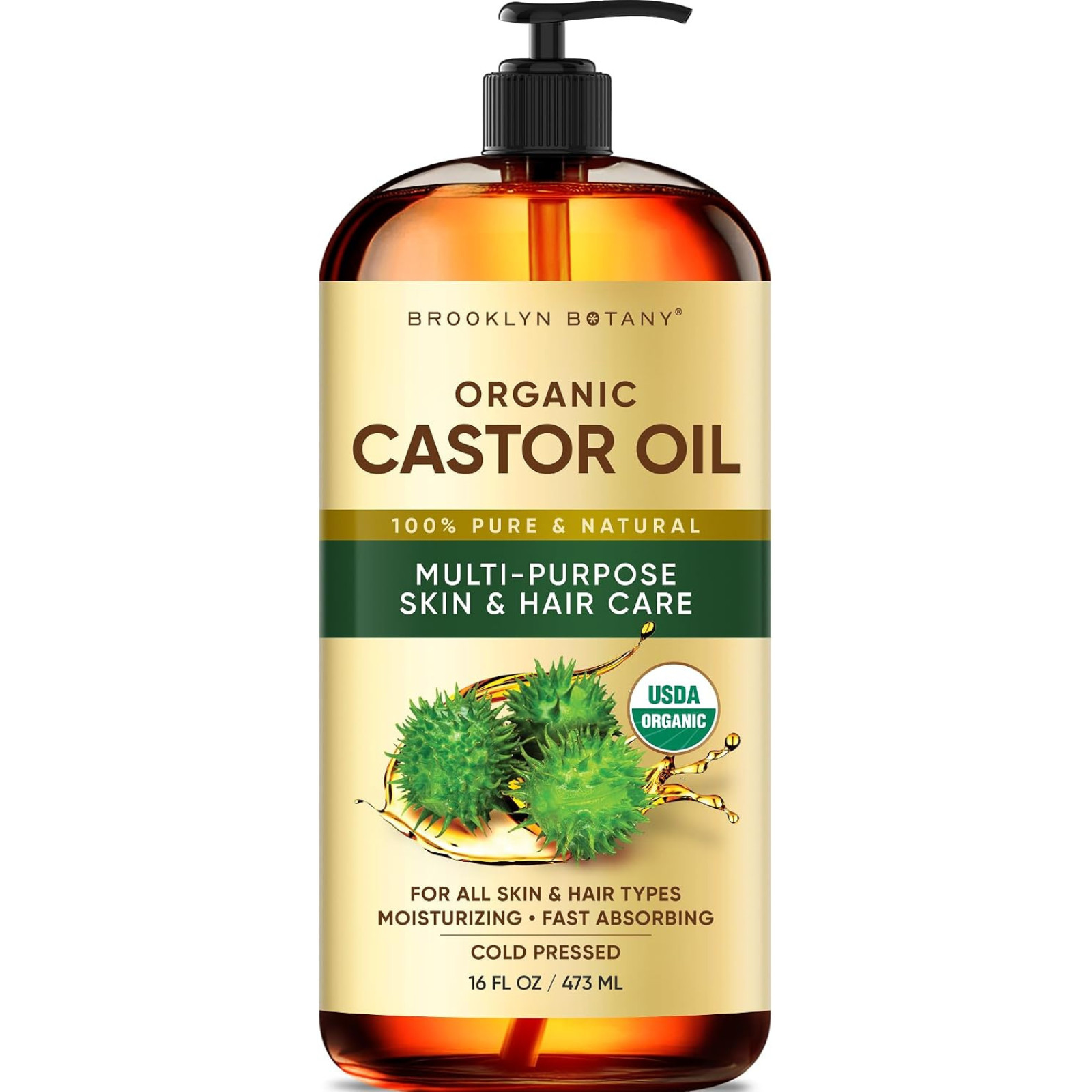 Premium Organic Castor Oil 100% Pure and Hexane-free Cold-pressed Beauty 16 Fl
