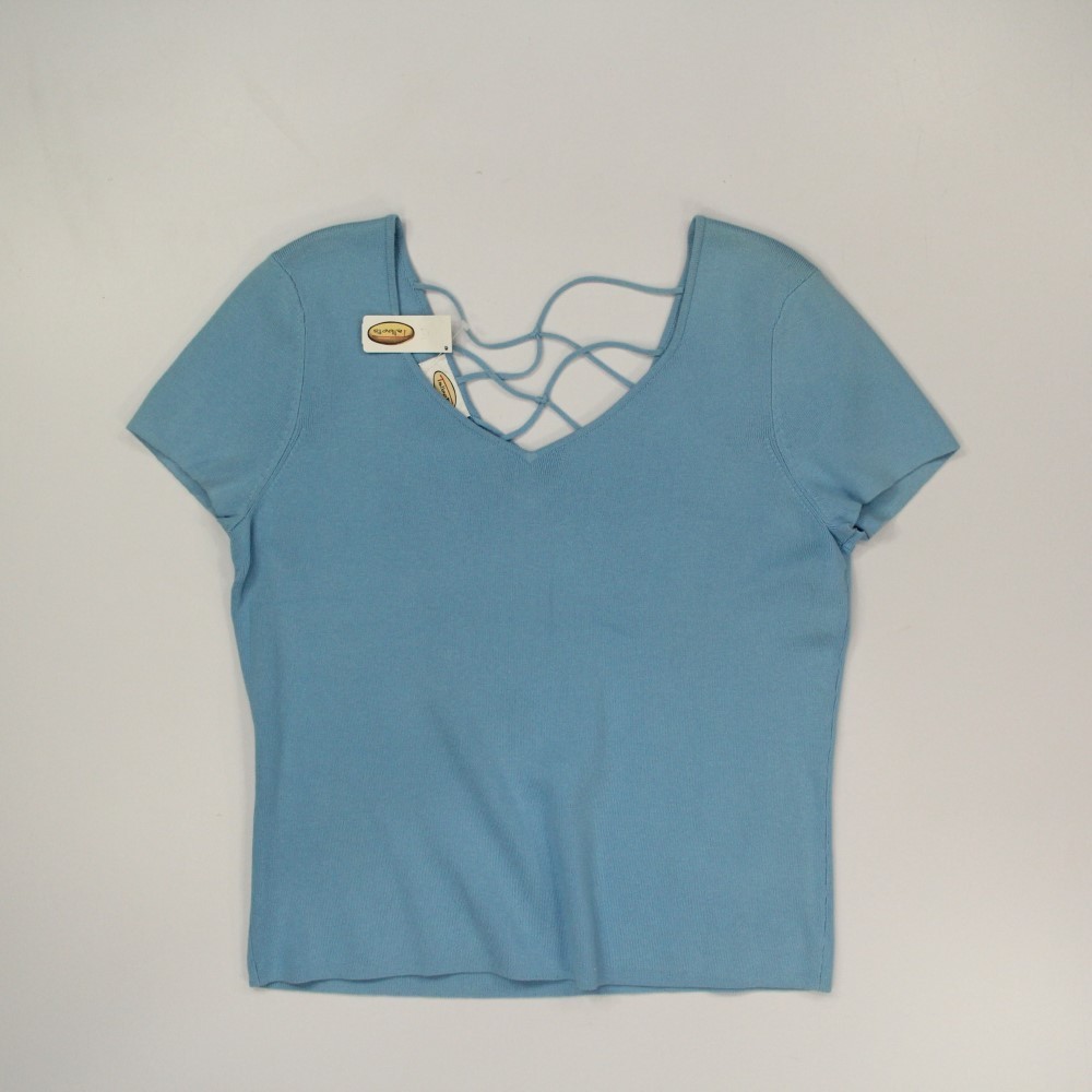 Talbots Short Sleeve V-neck Lattice Back Knit Tops Women\'s Large Blue NOS VTG HK