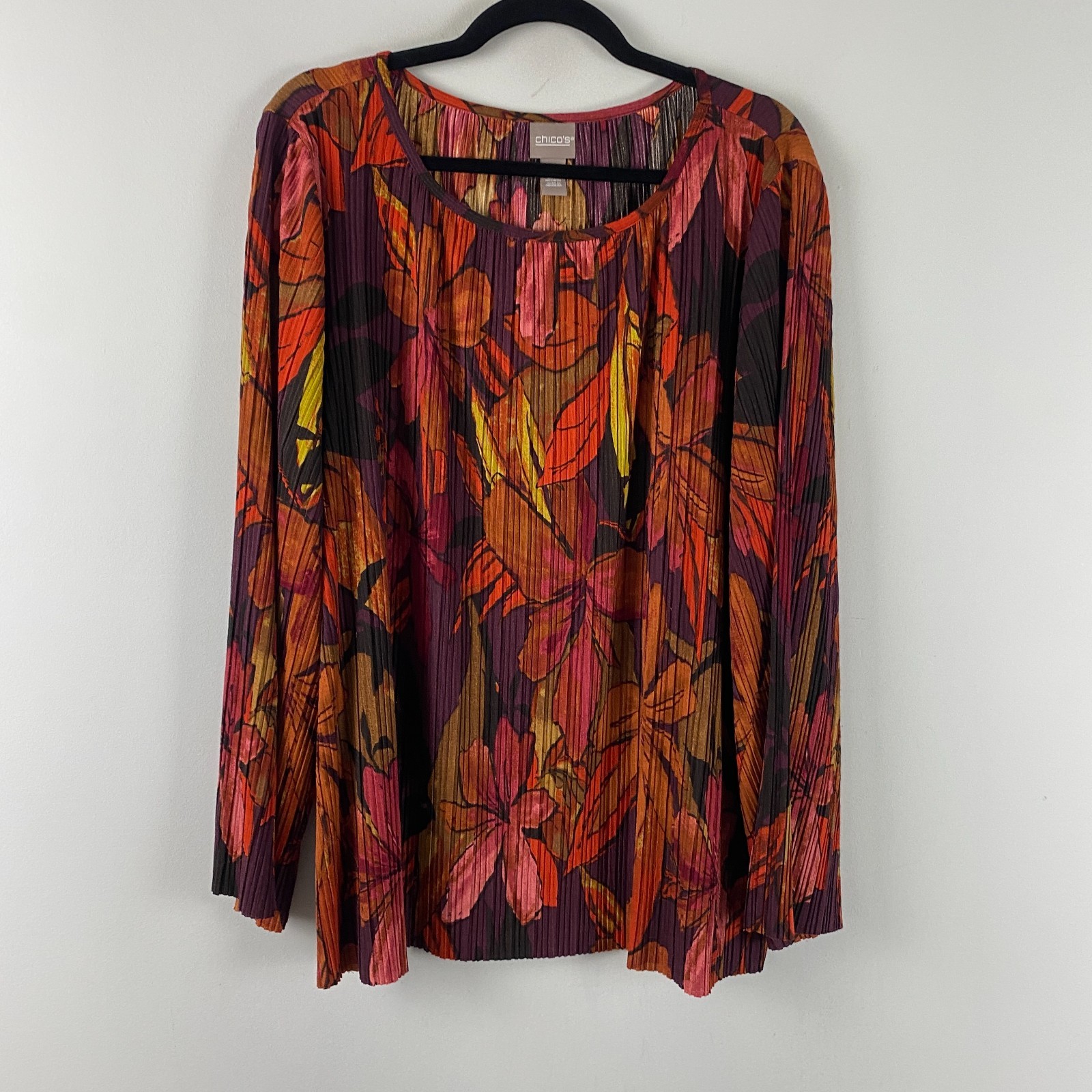 Chicos Blouse Womens Size 3 US XL Pleated Abstract Floral Long Sleeve Multicolor