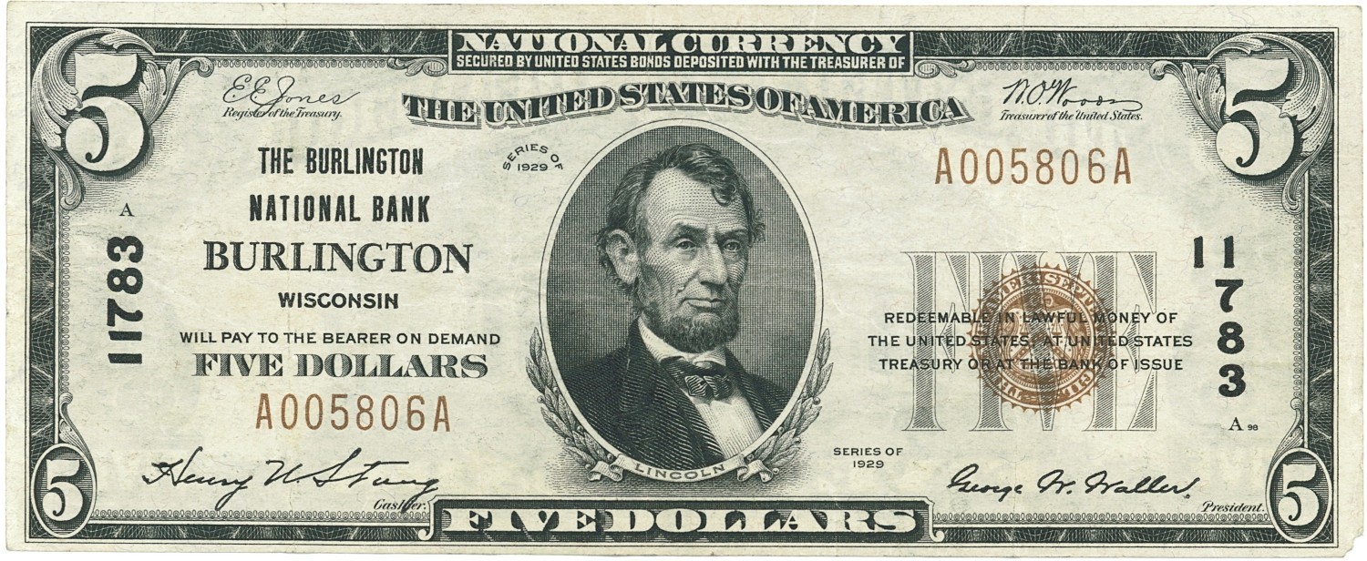 1929 - $5 Burlington National Bank Wisconsin - National Banknote - Ch. 11783