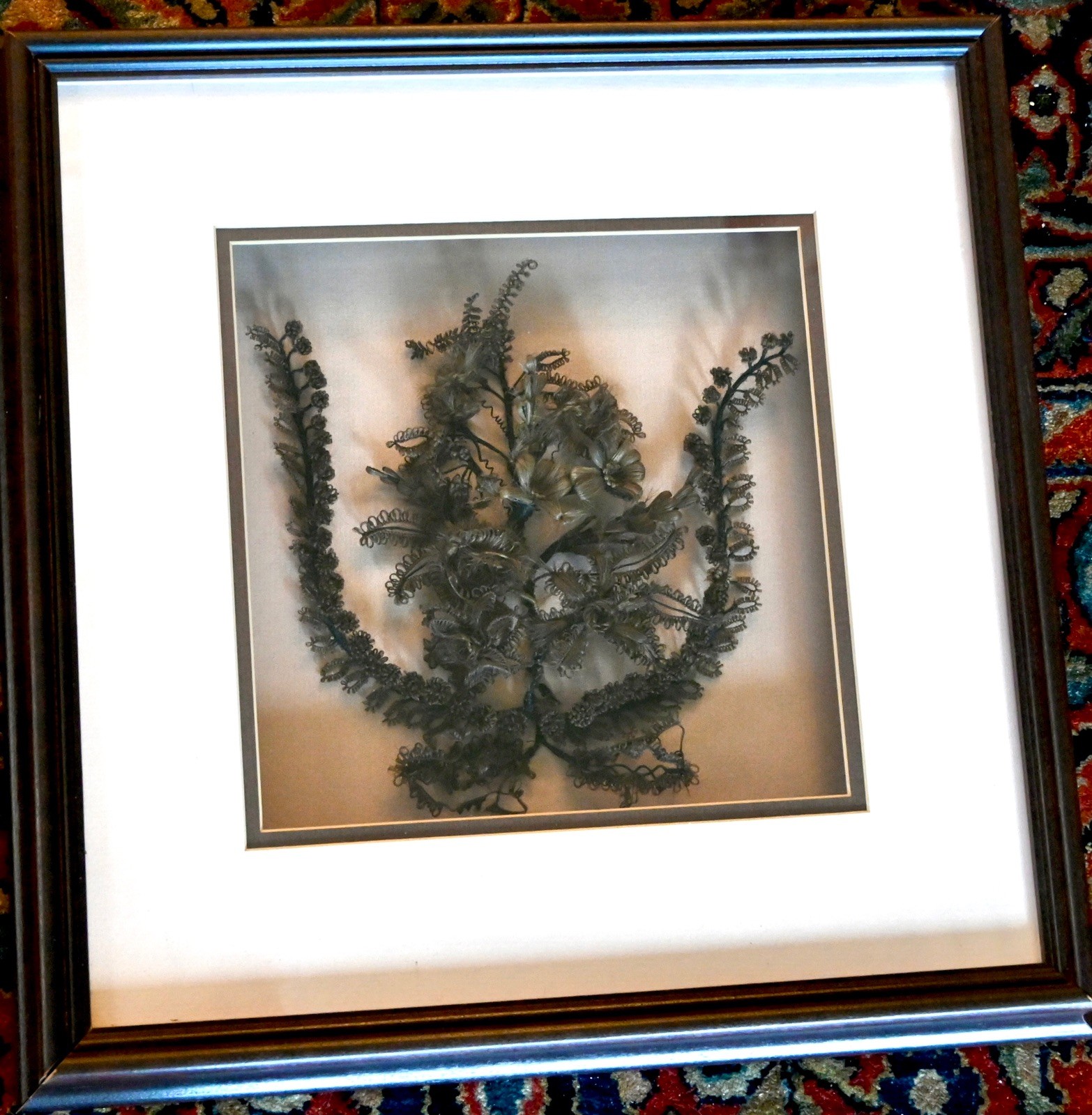 1865 VICTORIAN HAIR LYRE ~ ANTIQUE FOLK ART ~ XL SHADOW BOX FRAME w PROVENANCE