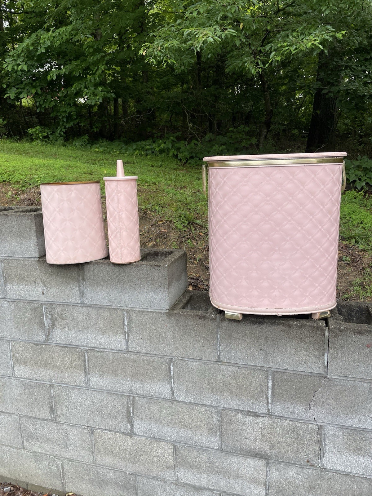 MCM Pearl Wick Bathroom Set Pink Metal & Lucite Trash, Brush, Hamper 60’s MCM Pearl Wick Bathroom Set Pink Metal & Lucite Trash, Brush, Hamper 60’s
