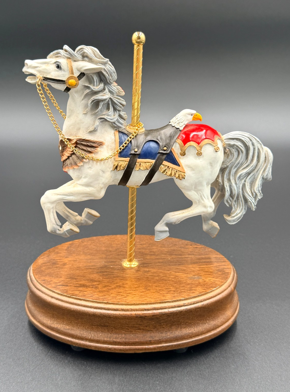 Patriotic Musical Carousel Horse Figurine Bald Eagle Wood Base Working 9 Patriotic Musical Carousel Horse Figurine Bald Eagle Wood Base Working 9