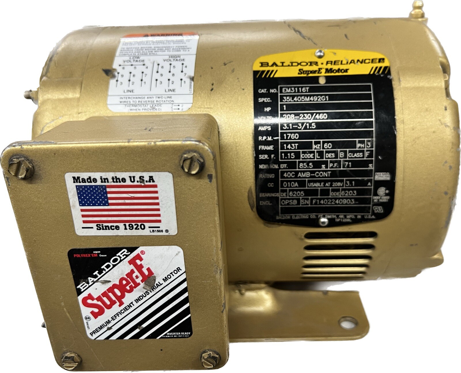 Baldor Reliance EM3116T Electric Super E Motor 1HP 230/460V 3Ph 1760 RPM 143T Baldor Reliance EM3116T Electric Super E Motor 1HP 230/460V 3Ph 1760 RPM 143T