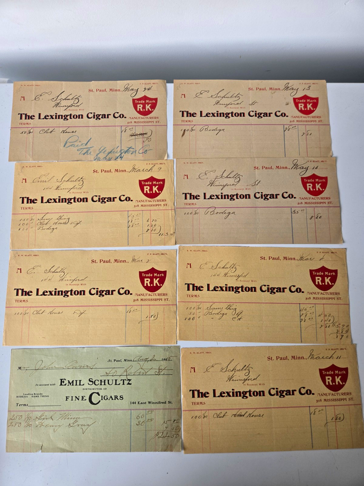 Antique 1905 St Paul MN Lexington Cigar Co Billheads Receipts Lot of 8