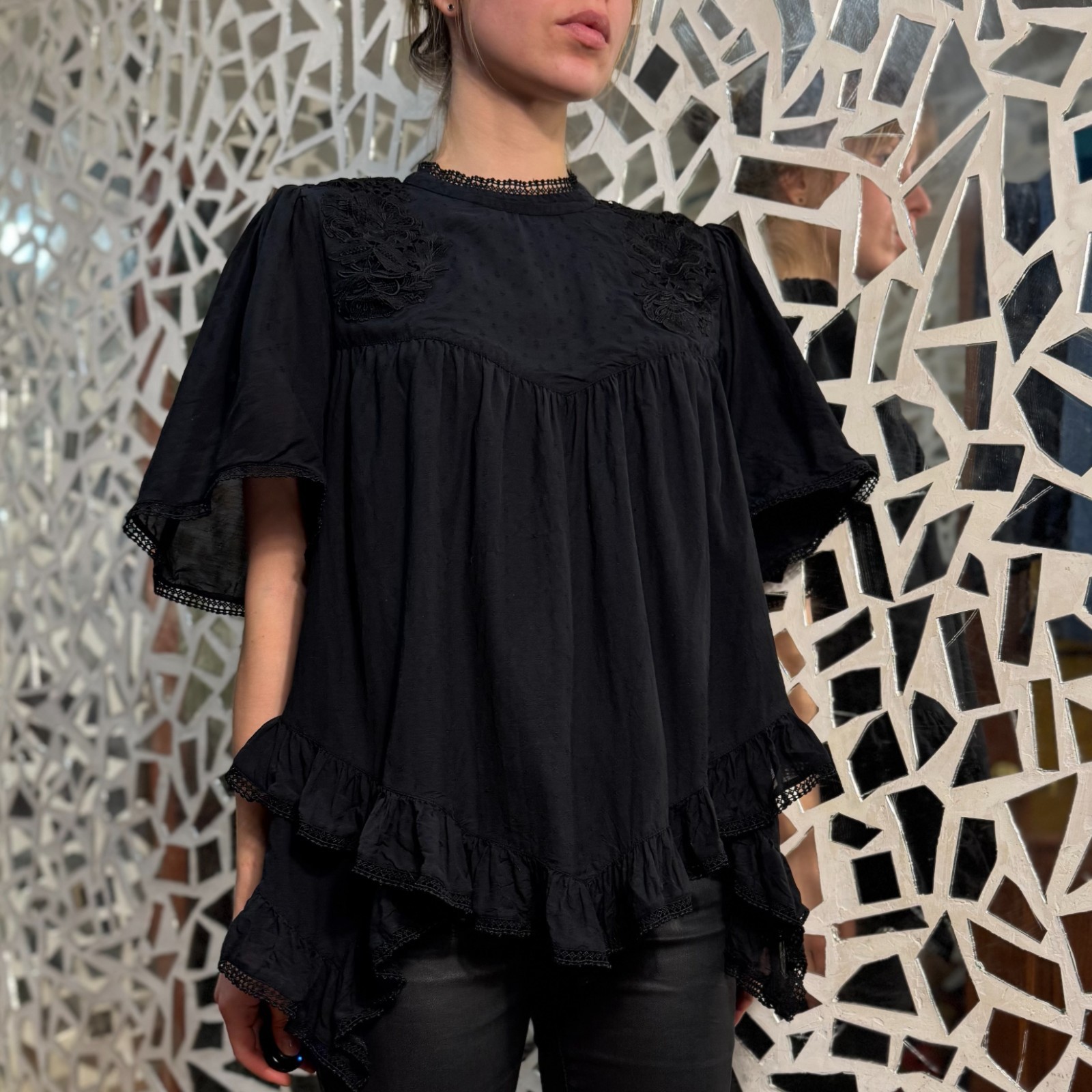 Allsaints Nico Top Blouse Boho Style Asymmetric Black Floral Embroidered US8