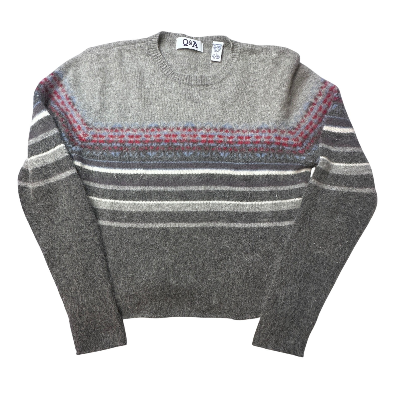 Vintage Q&A Sweater Womens L Grey Fair Isle Striped Lambswool Angora Crew Neck