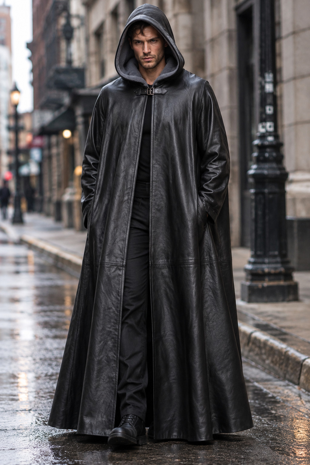 Men’s Real Leather Hooded Cloak Long Cape Gothic Medieval Cosplay Costume Gift.
