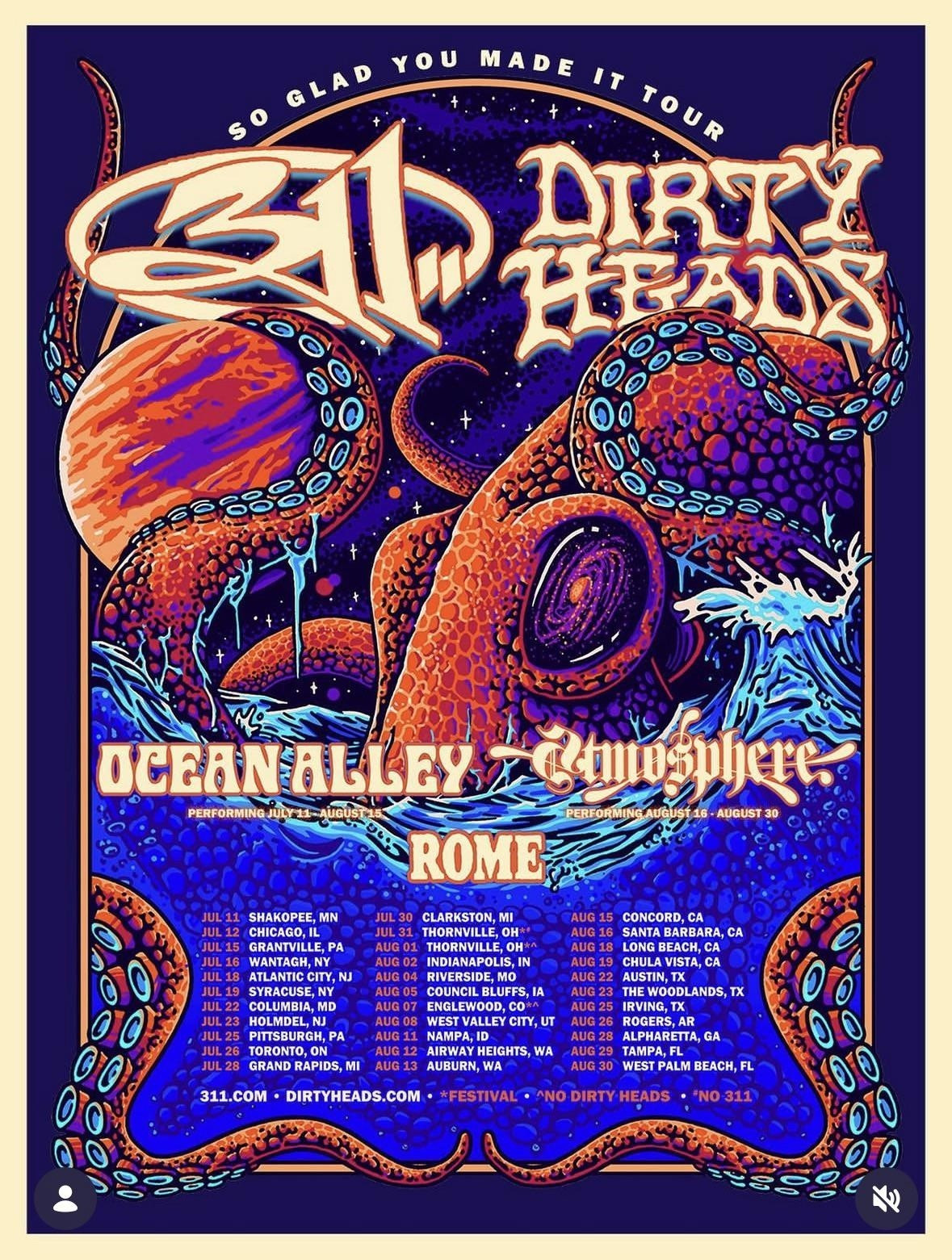 311 Dirty Heads So Glad You Made It Tour 2026 Concert Poster
