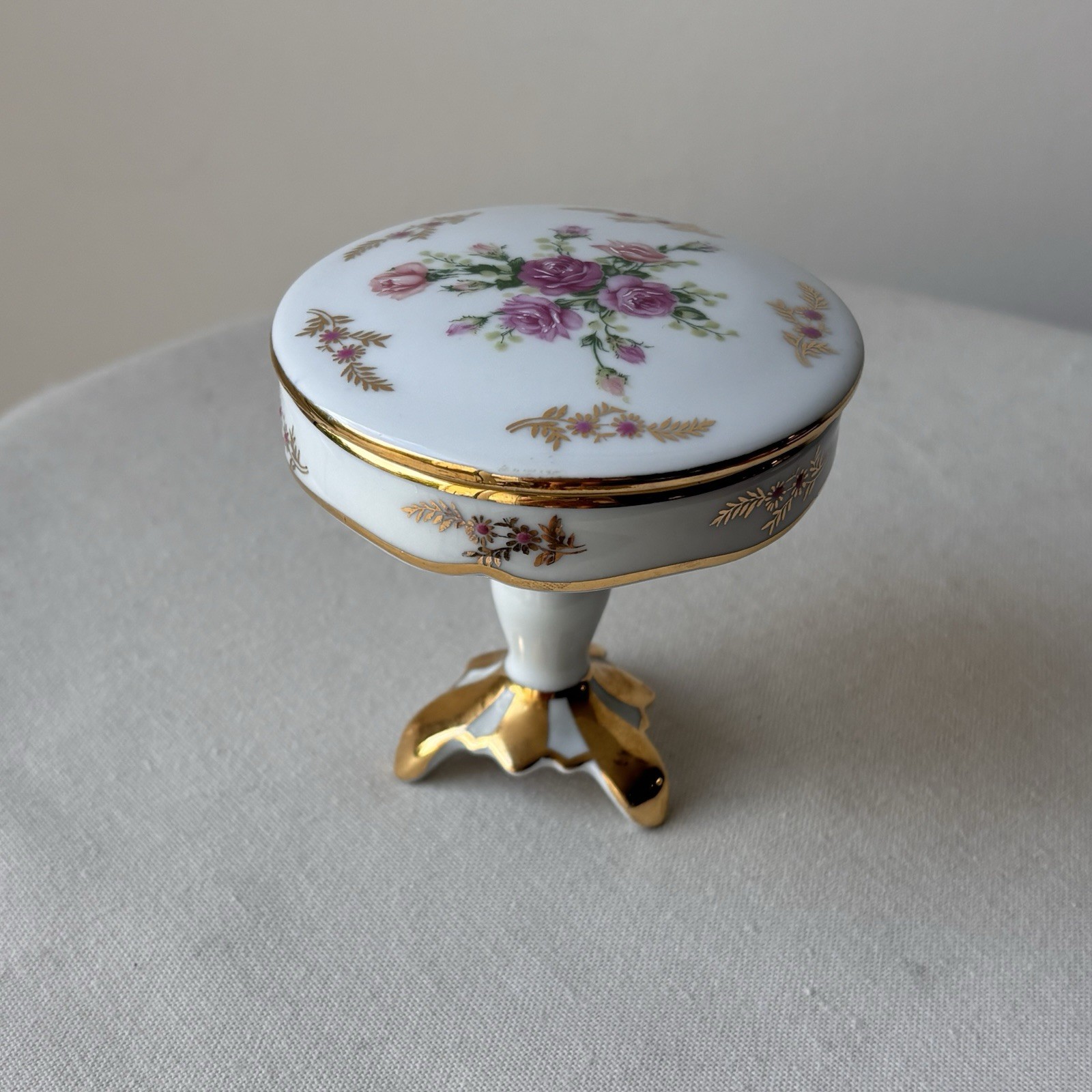Limoges France Porcelain Artistic FM Vintage Trinket Box Pedestal Roses Gold