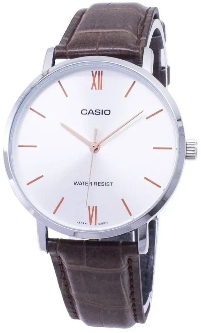 Casio MTP-VT01L-7B2 NEW Men's Analog Watch silver dial Brown Leather Strap