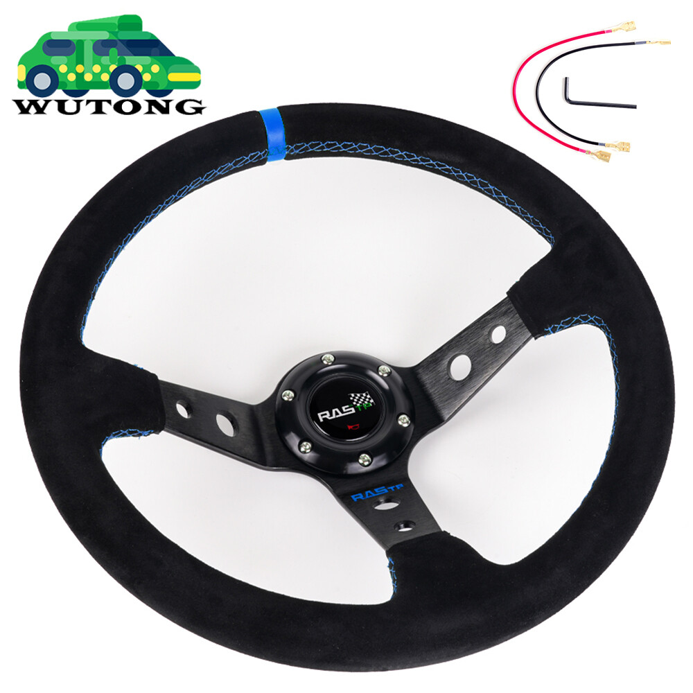 BLACK 345mm/14inch Deep Dish Suede Leather Blue Ring Sport Racing Steering Wheel BLACK 345mm/14inch Deep Dish Suede Leather Blue Ring Sport Racing Steering Wheel