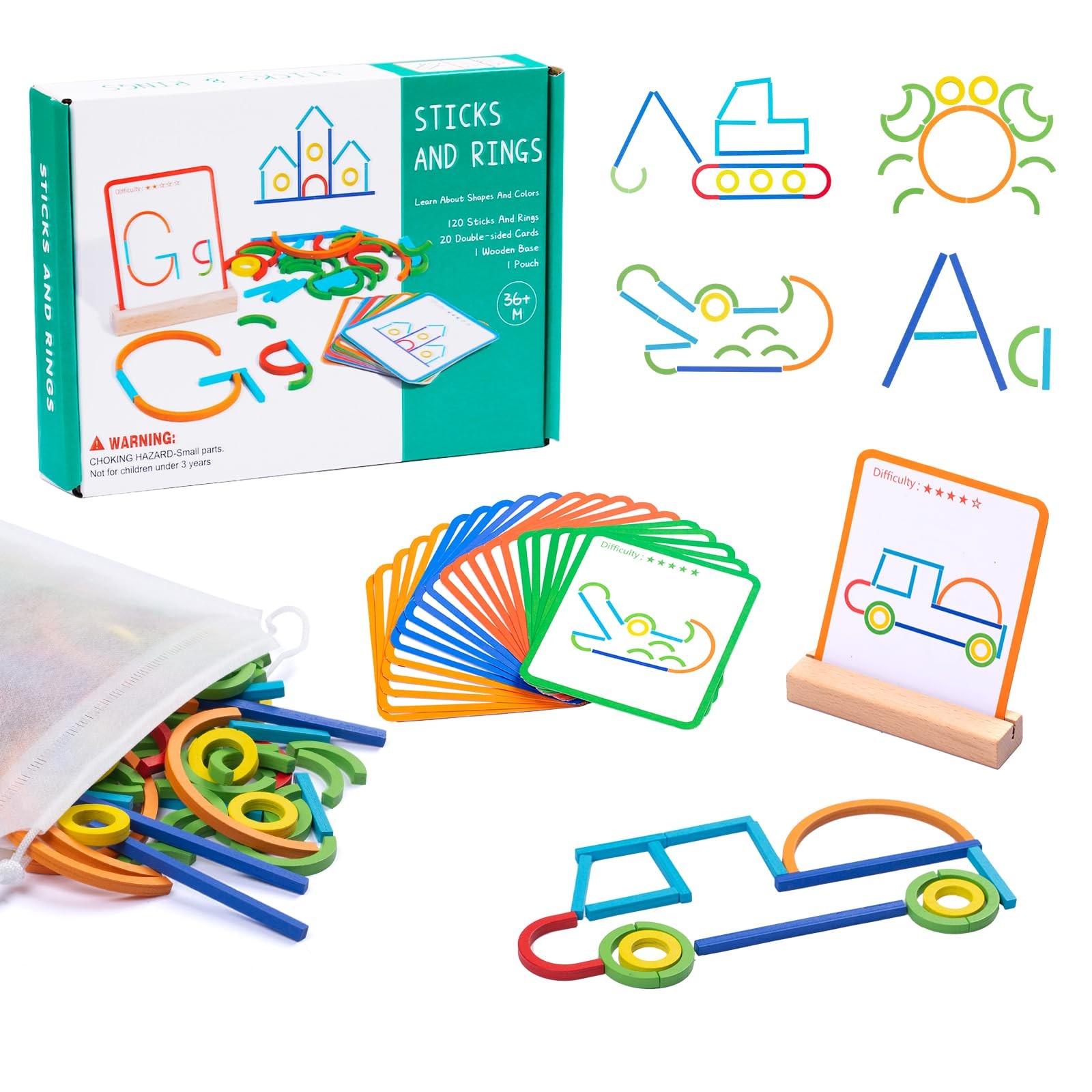 142pcs Wooden Pattern Blocks Montessori Smart Sticks Wooden Tangram Puzzle ST...