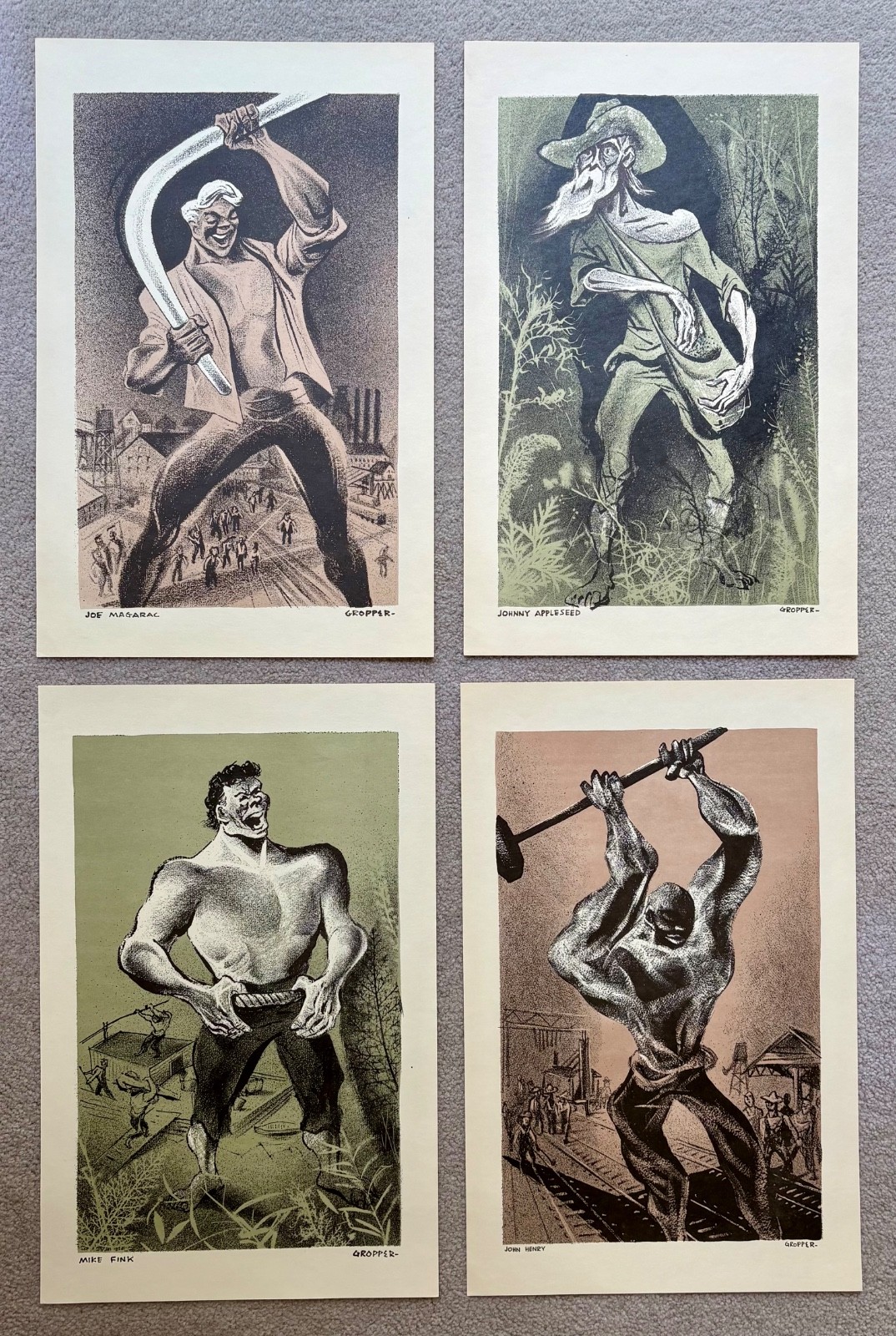 FOUR Original William Gropper American Folklore Lithographs