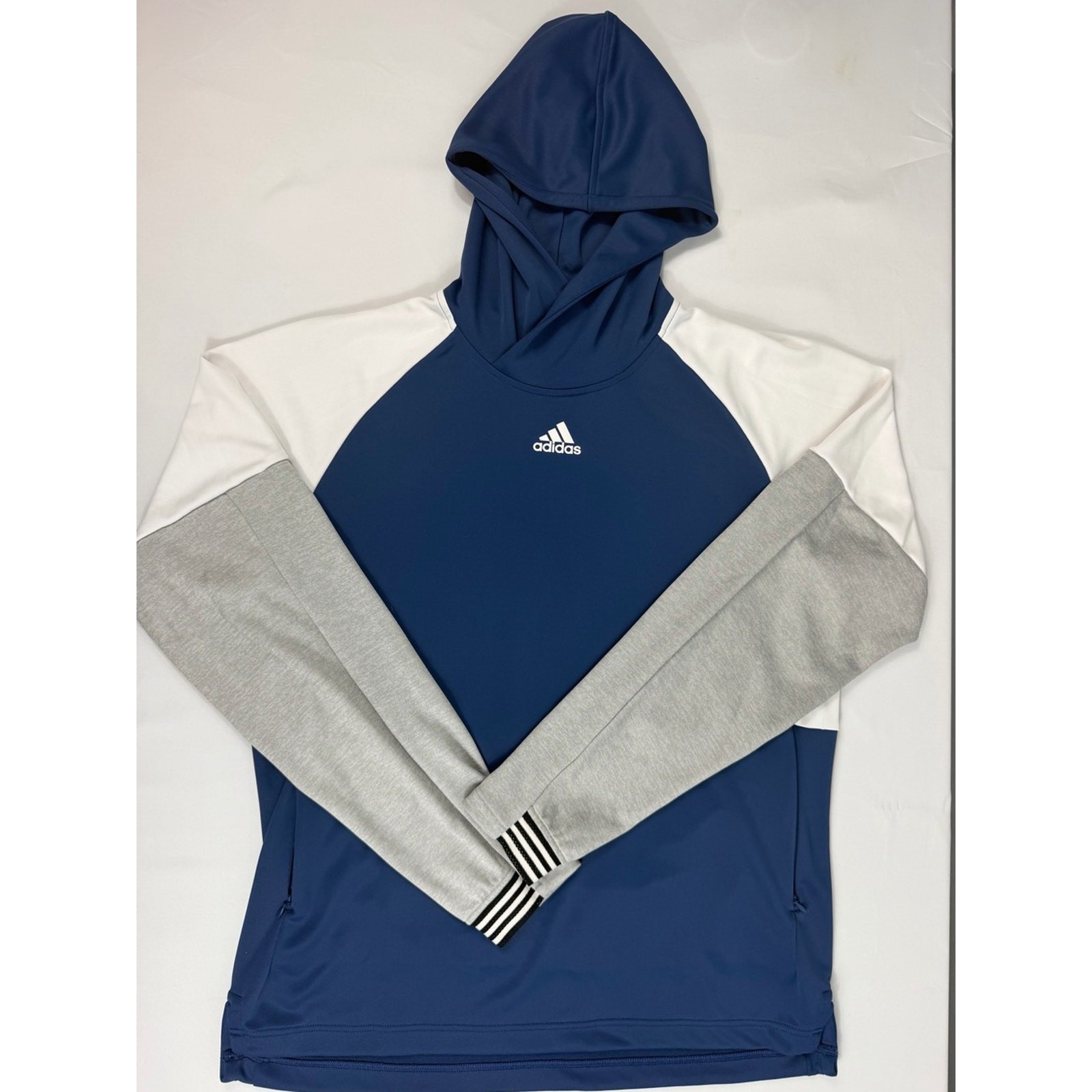 Adidas Navy Hooded Team Issue Lite Pullover with White Panels and Gray Sleeves Adidas Navy Hooded Team Issue Lite Pullover with White Panels and Gray Sleeves