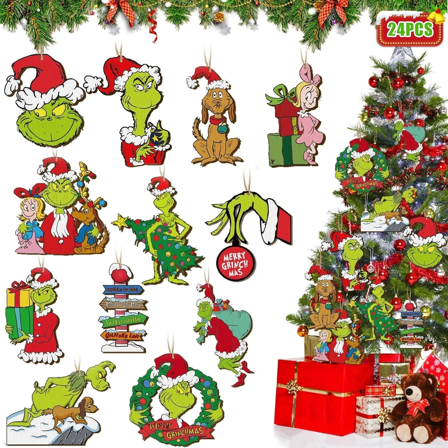 24PCS Christmas Tree Decorations Grinch f/Kids Gift Christmas Wooden Ornaments