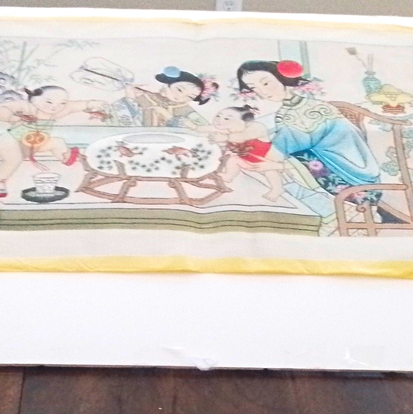 Hand Painted Needlepoint, Women & Children At Play, Asian Theme, 24 X 14, 13 Ct