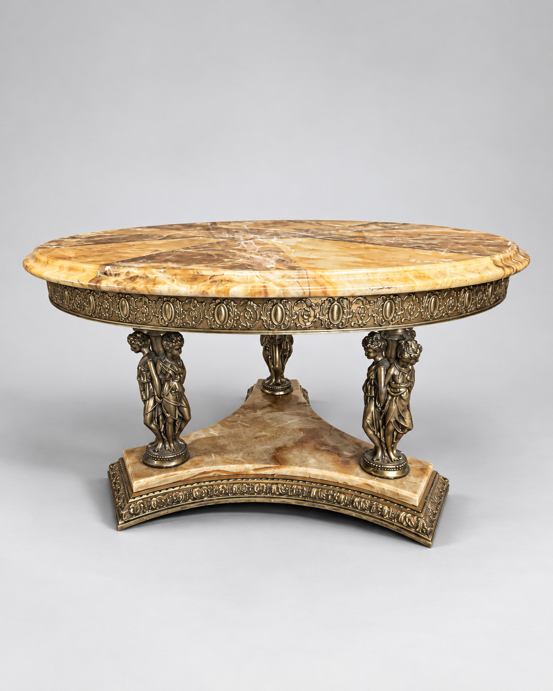 French Empire Brass & Onyx Coffee Table, Figural Nymph Base, Hollywood Regency