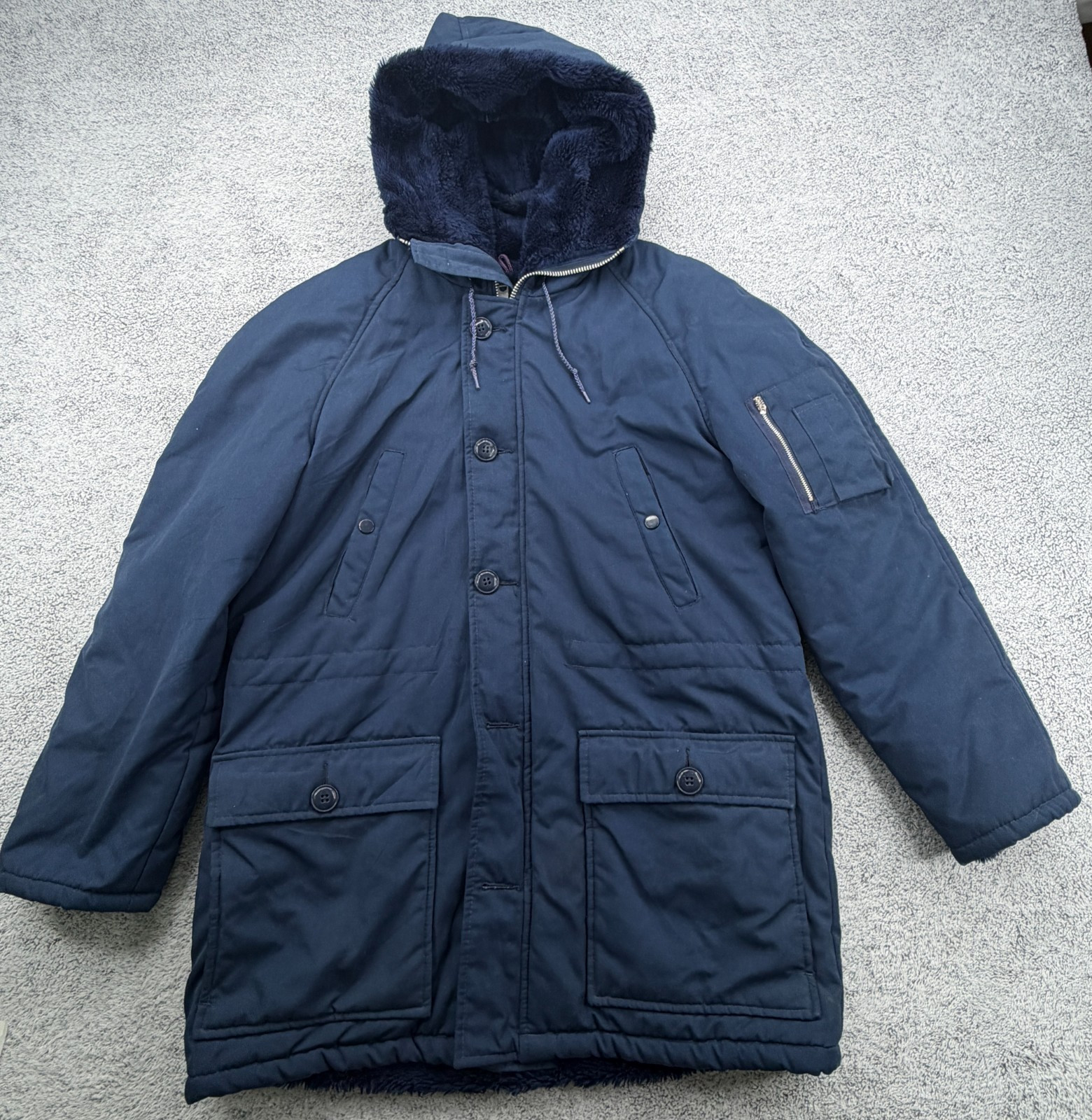 Vintage Sears Work Leisure Parka Mens Medium Navy Blue Heavy Faux Fur Lined READ Vintage Sears Work Leisure Parka Mens Medium Navy Blue Heavy Faux Fur Lined READ