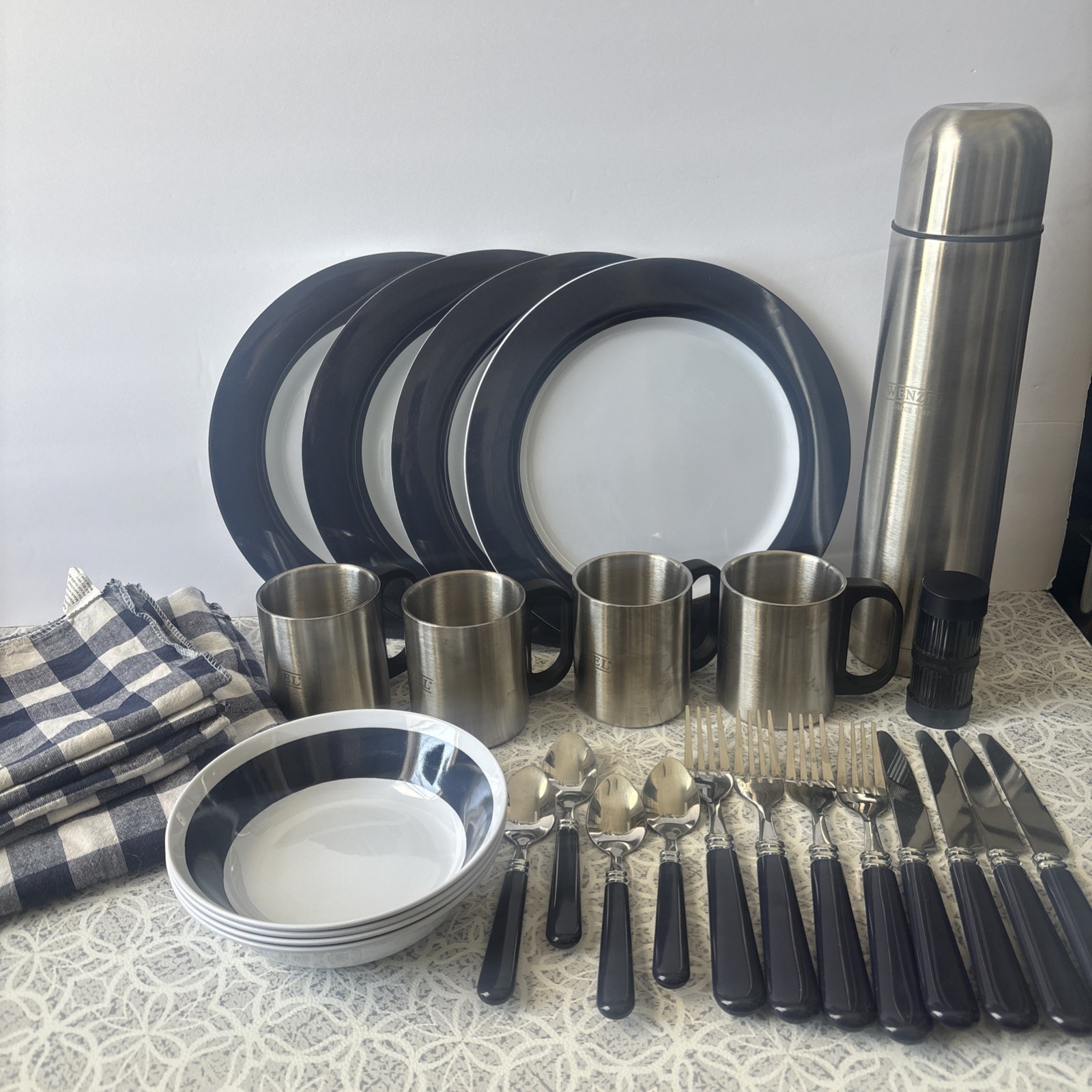 Vintage Wenzel Picnic Set No Bag Thermos Blue Checkered Napkins Silverware Cups Vintage Wenzel Picnic Set No Bag Thermos Blue Checkered Napkins Silverware Cups