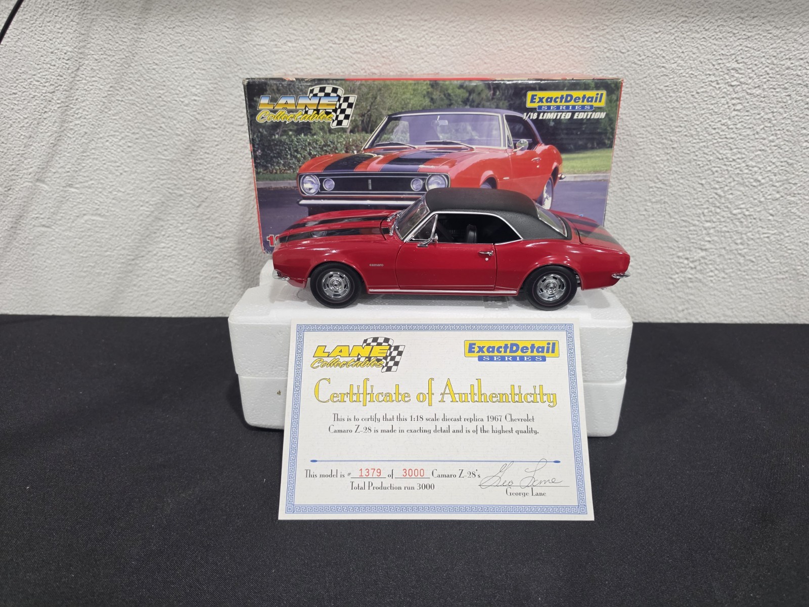 RARE LANE EXACT DETAIL 1:18 SCALE 1967 CHEVY CAMARO Z/28 RED BLACK 1/3000 W/ COA