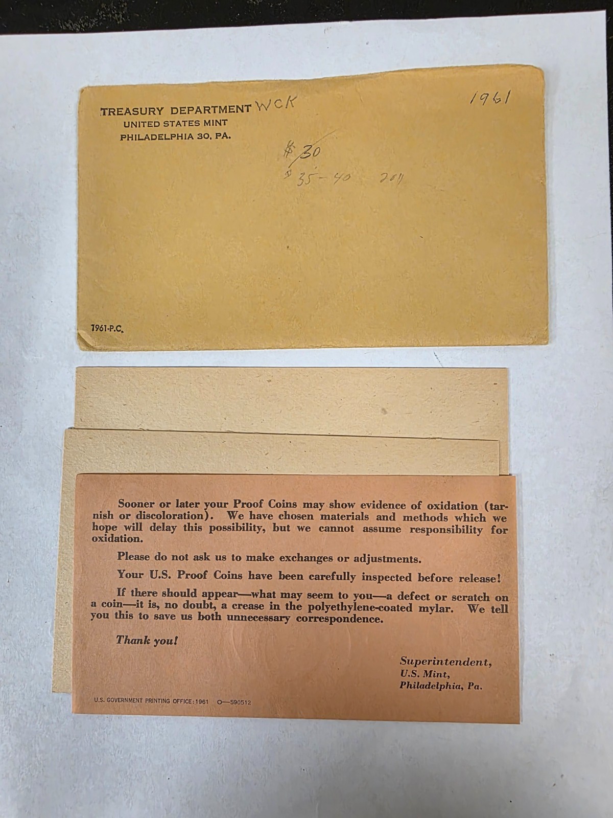 1961 Proof Set Envelope, COA & cardboard Inserts. Writing on Envelope (NO COINS)