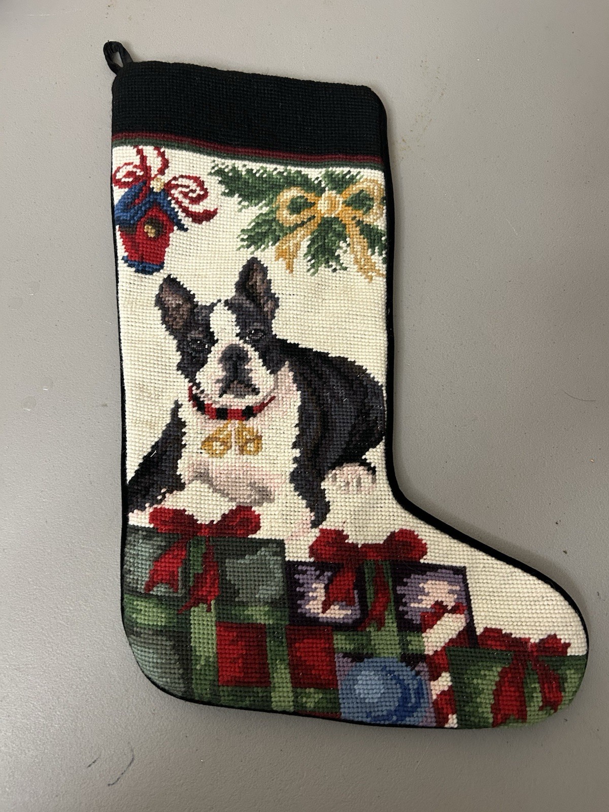 Vintage Boston Terrier Dog Needlepoint Christmas Stocking Vintage Boston Terrier Dog Needlepoint Christmas Stocking