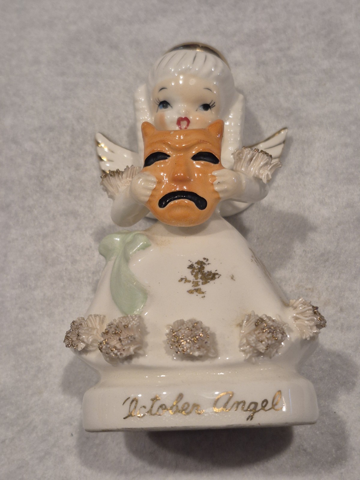 Vintage Rare 1950s Napco OCTOBER BIRTHDAY ANGEL Holding Orange Mask 1294 Damage Vintage Rare 1950s Napco OCTOBER BIRTHDAY ANGEL Holding Orange Mask 1294 Damage