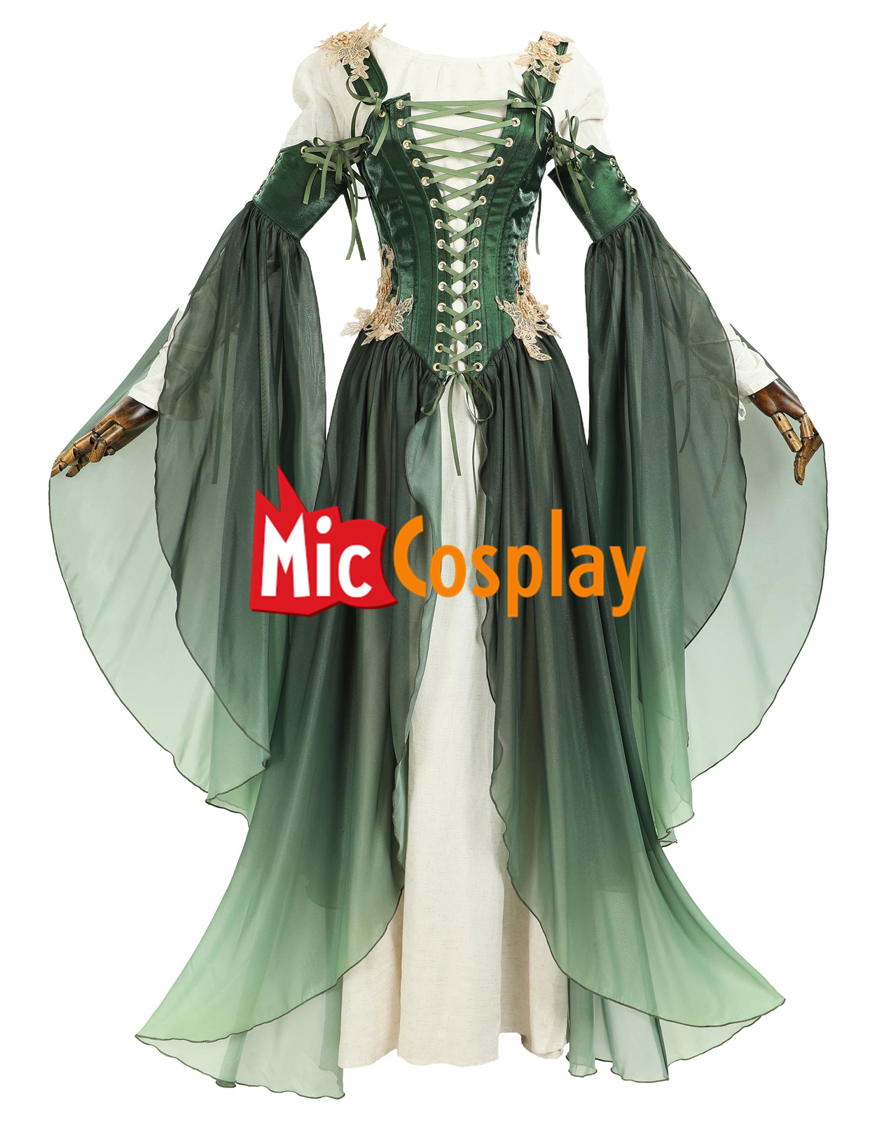 Medieval Renaissance Costume Elf Style Green Dress with Sleeves Cosplay Costume