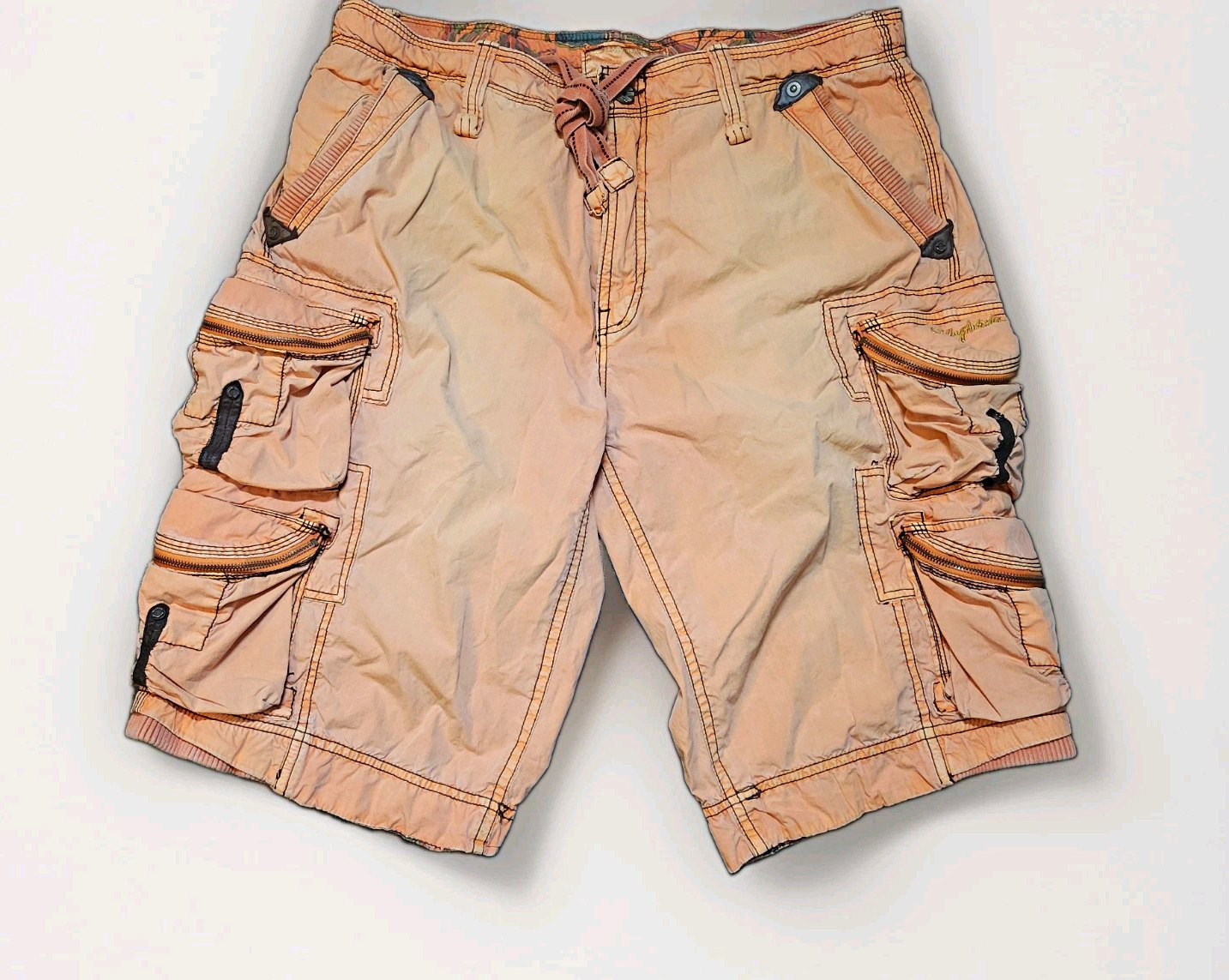 VTG Jet Lag Aviator Multi-Pocket Cargo Shorts 38 Distressed Orange League 2801