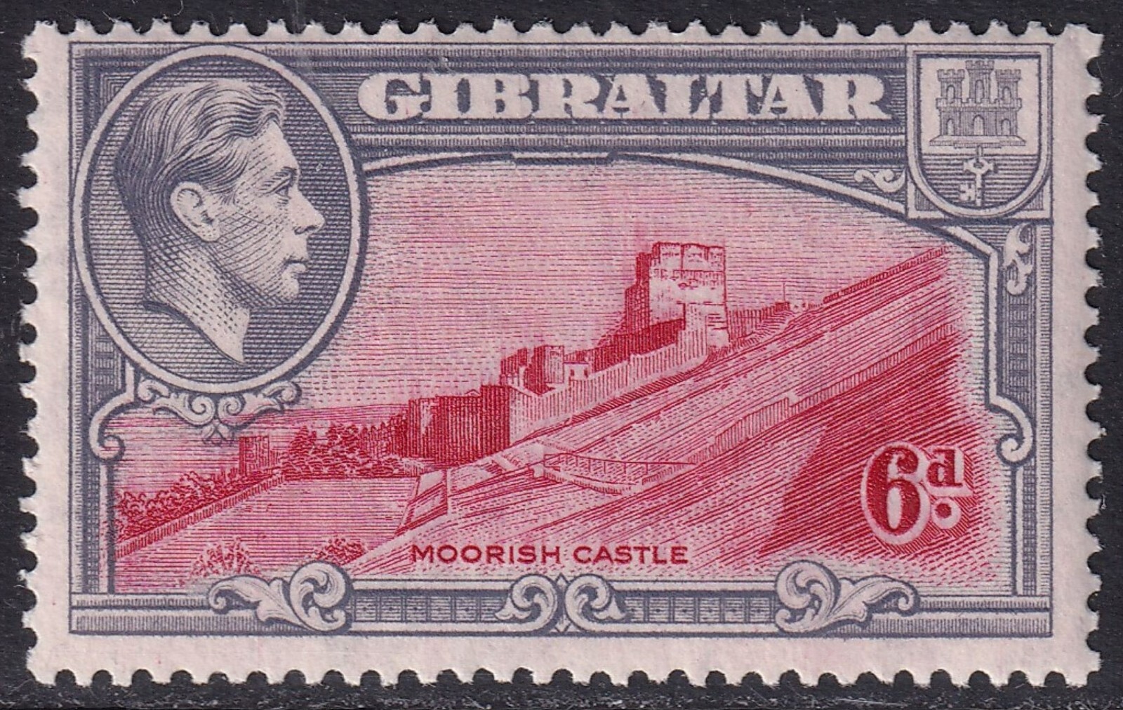 GIBRALTAR 1938-51 KGVI 6d Moorish Castle Perf 13½ SG 126 MH/* (CV £48)