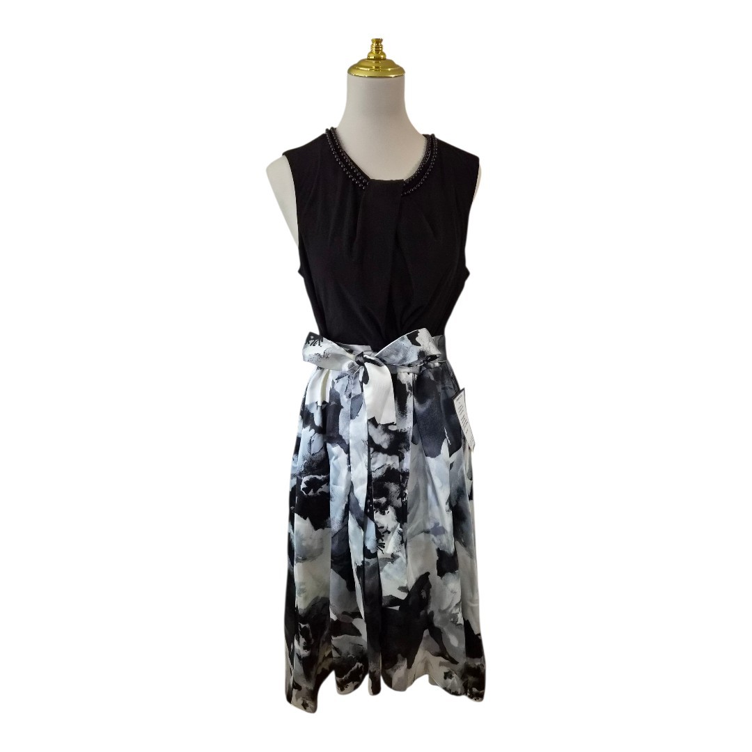 SL FASHIONS Plus Size Embellished-Neck Floral-Skirt Dress Black Ivory 12