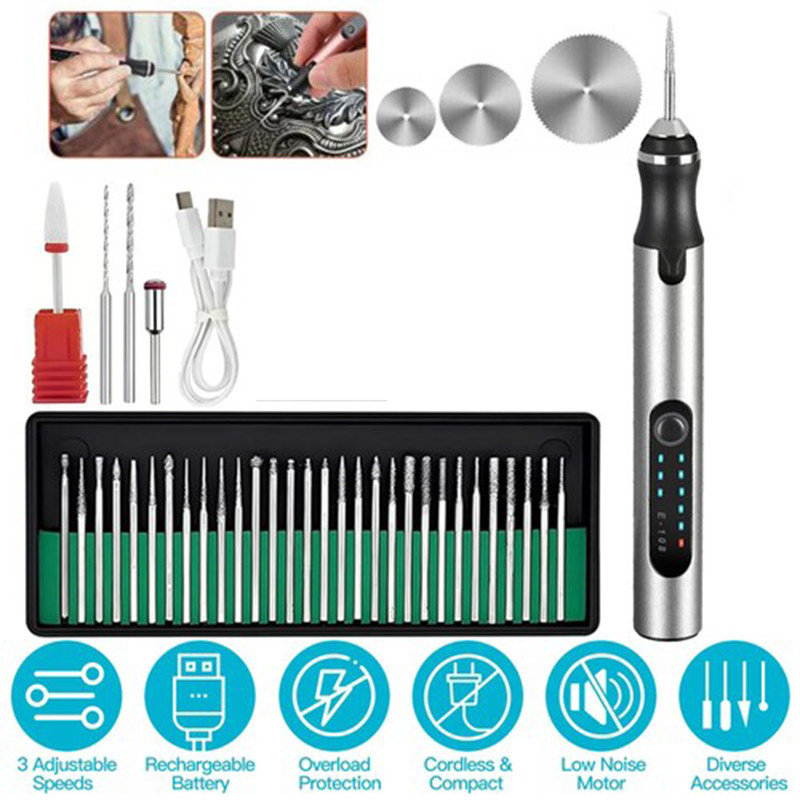 USB Rechargable Engraving Pen with 33 Bits Mini Electric DIY Engraver Cordless