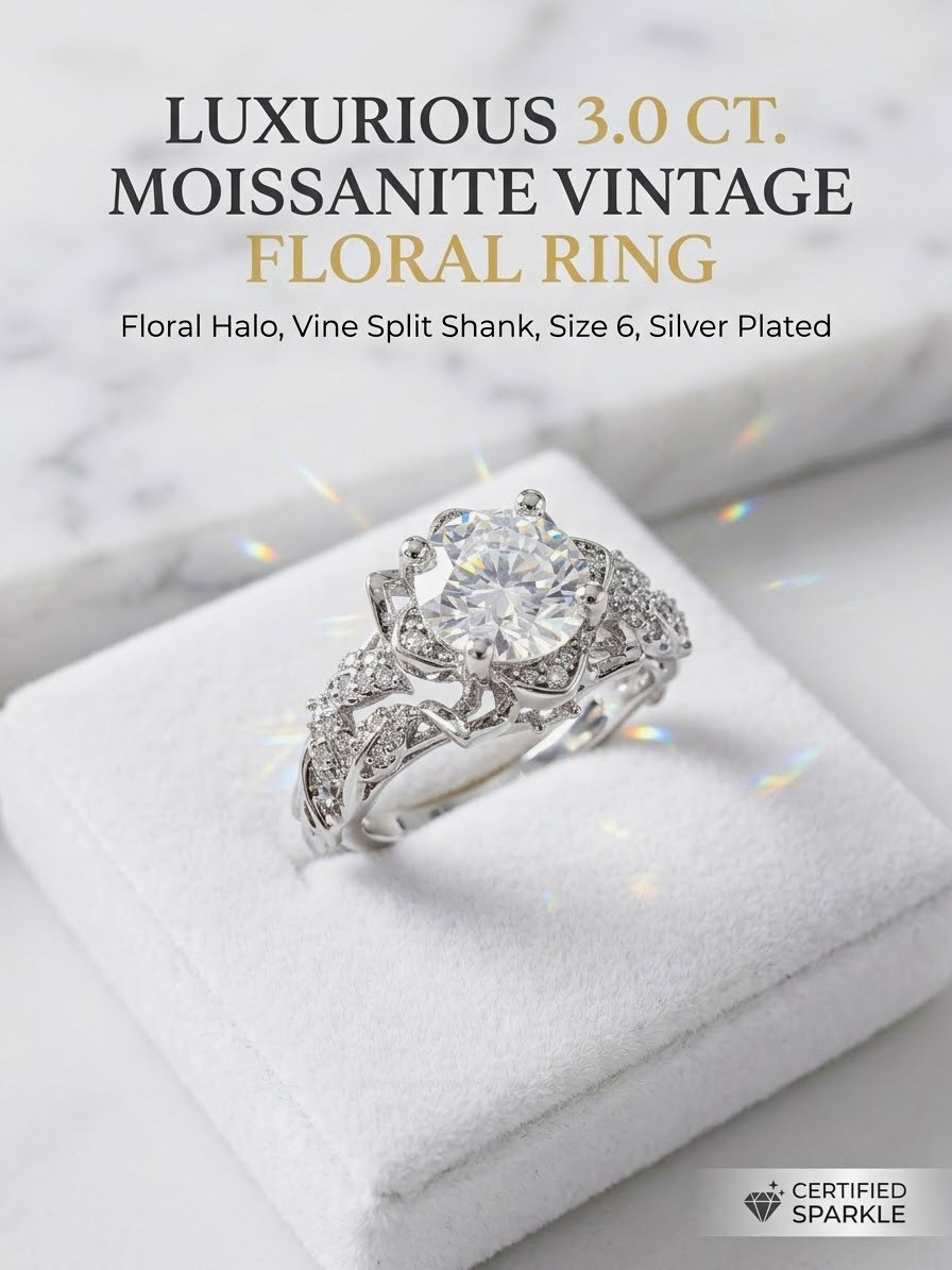 Certified Sparkle 3.00ctw Round Moissanite Floral Halo Ring Silver-Plated Sz 6