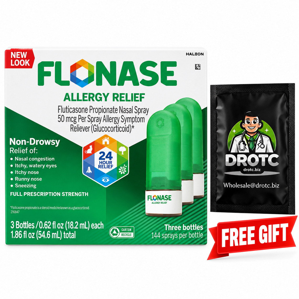Flonase Allergy Relief Fluticasone Nasal 3 Bottles Each + Free Eye Wipe EXP 6/27