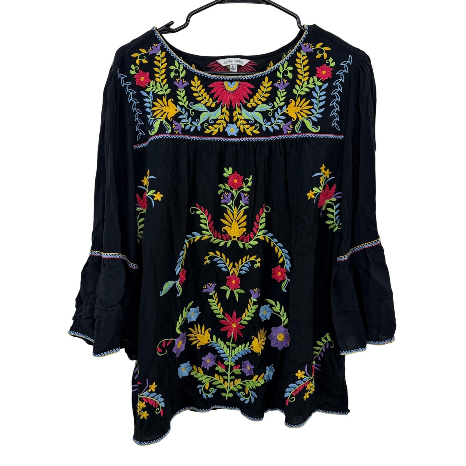 John Mark Top Womens Large Black Floral Embroidered Bell Sleeve Boho Blouse