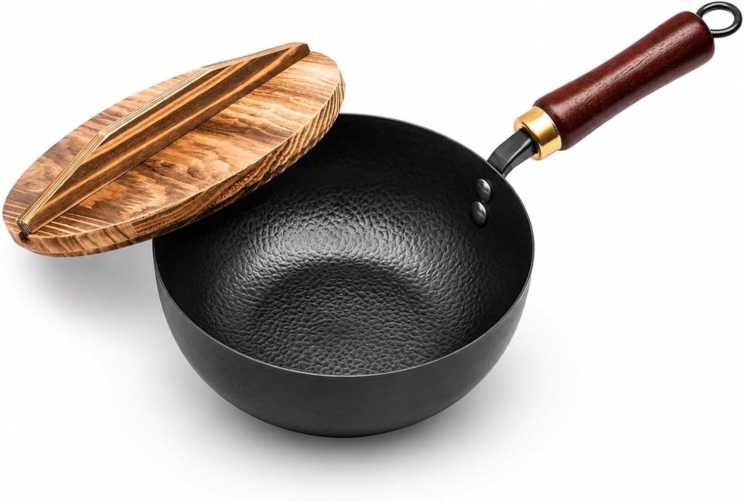7.8-Inch Small Carbon Steel Wok with Wooden Lid, 1.6QT