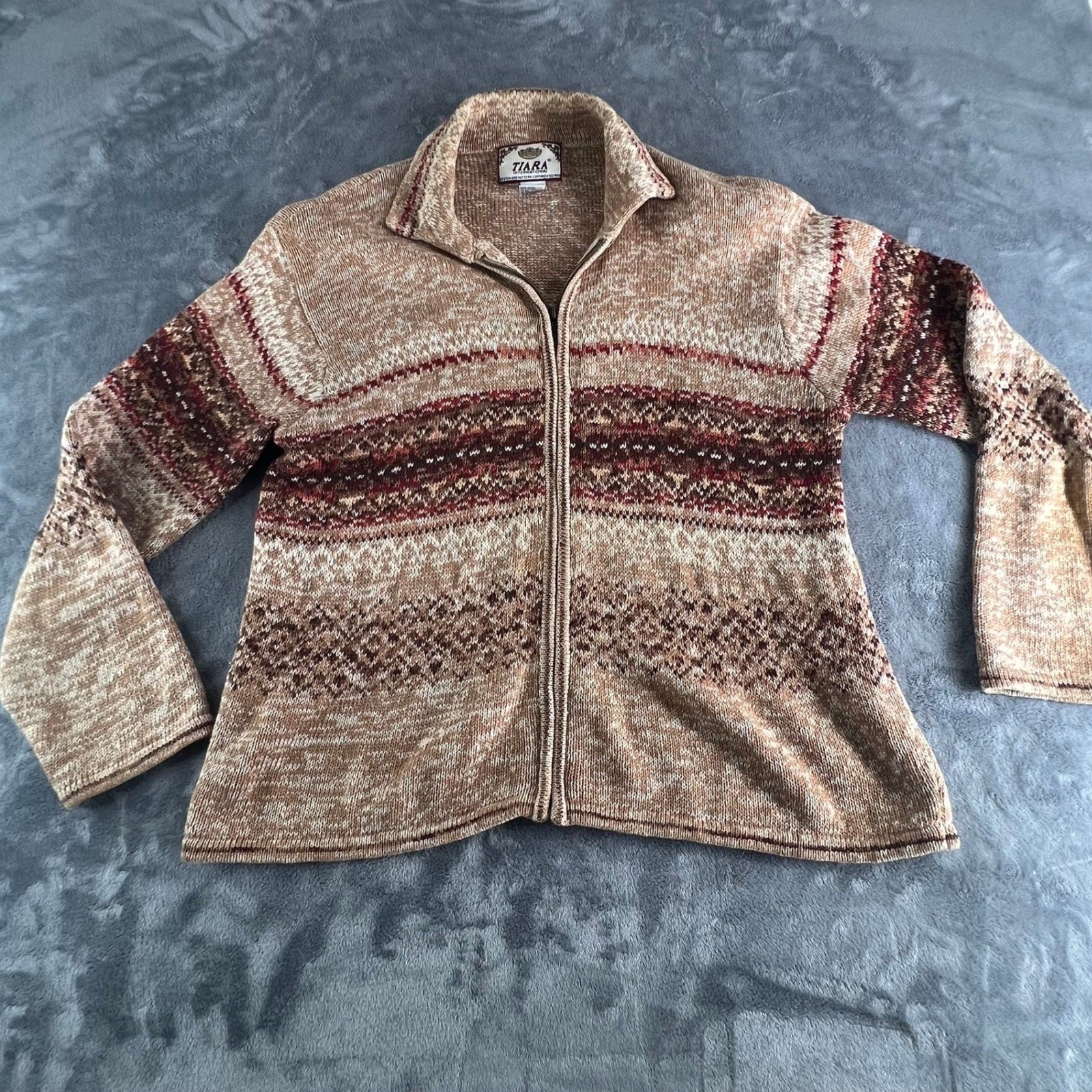 Vintage Tiara International Fair Isle Full Zip Sweater Tan Brown Ramie Cotton L Vintage Tiara International Fair Isle Full Zip Sweater Tan Brown Ramie Cotton L