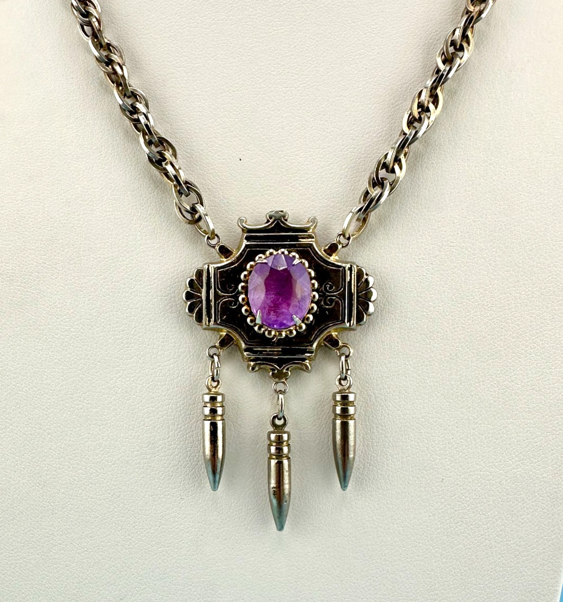 Vintage Lavalier Necklace Victorian Style Silver Tone Purple Amethyst Stone READ