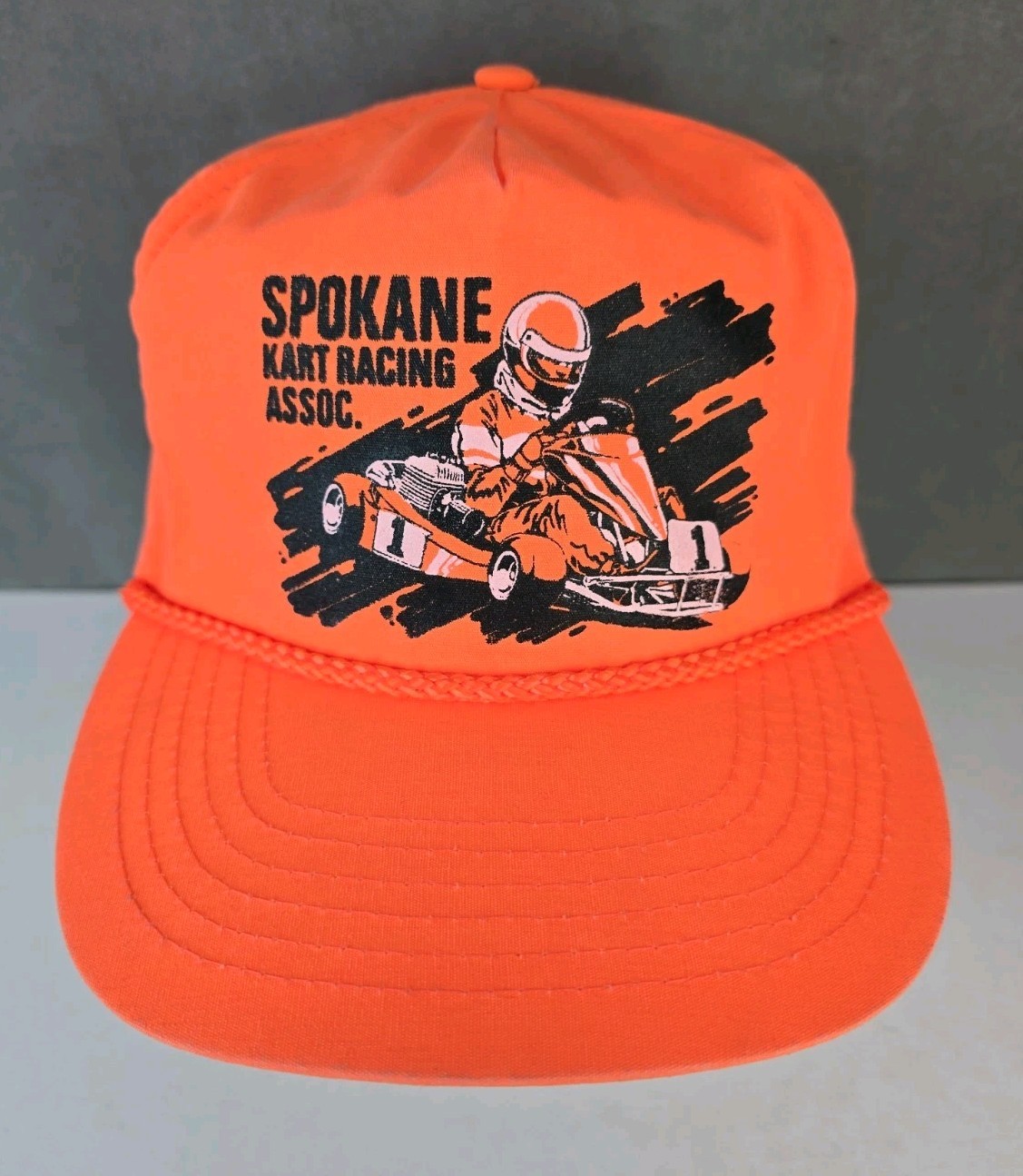 vtg Spokane Kart Racing Assoc. hat orange rope zipper back made in Taiwan cap