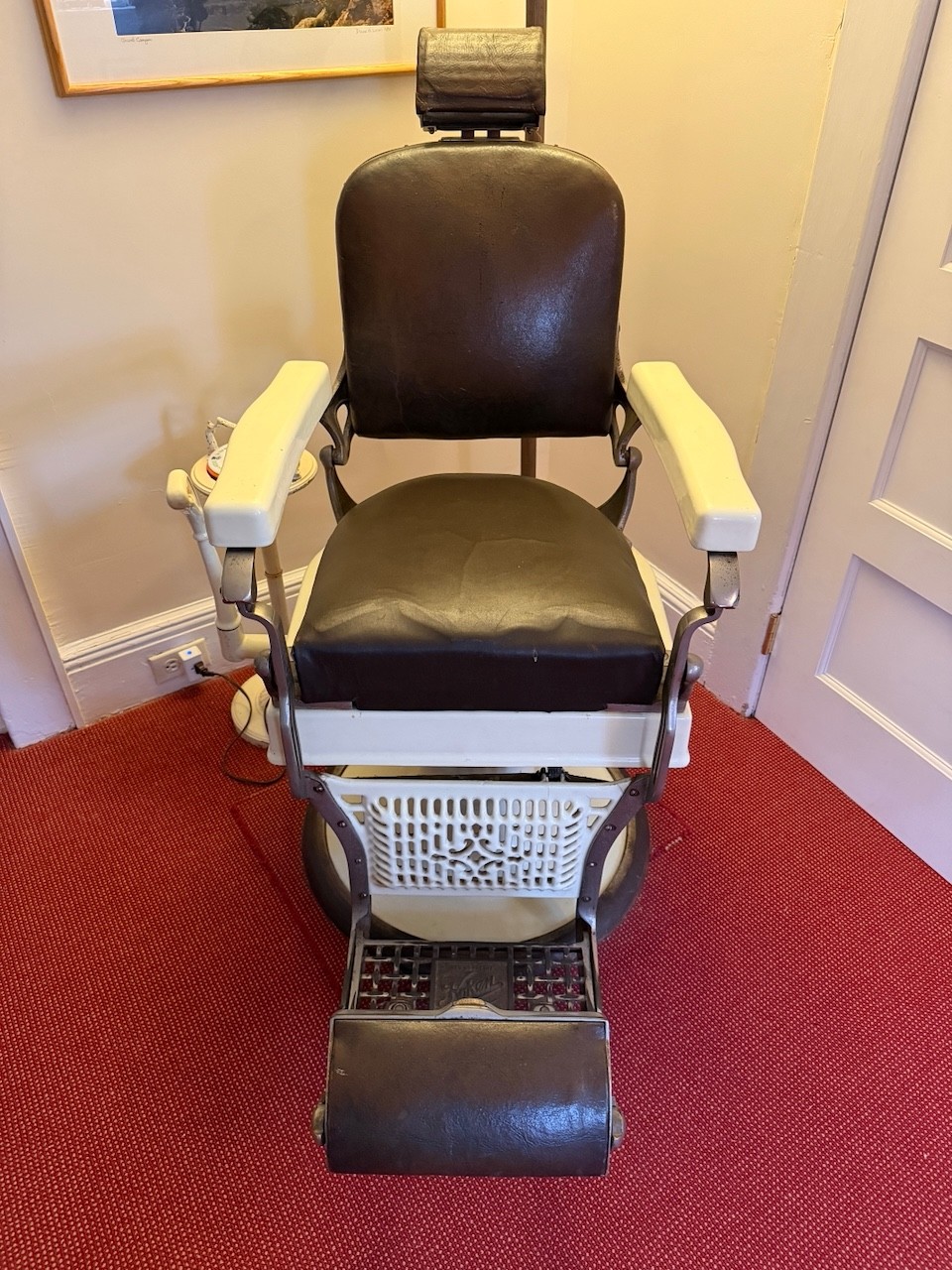 Vintage Koken Barber Chair, White Porcelain & Brown Leather Vintage Koken Barber Chair, White Porcelain & Brown Leather