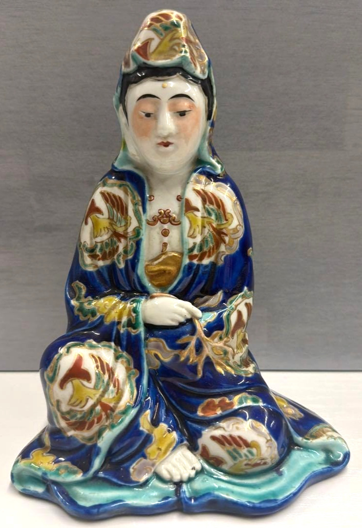 Japanese Kannon Bodhisattva Statue Lapis-Lazuli Blue & Gold Decor W12.2×H16.3cm