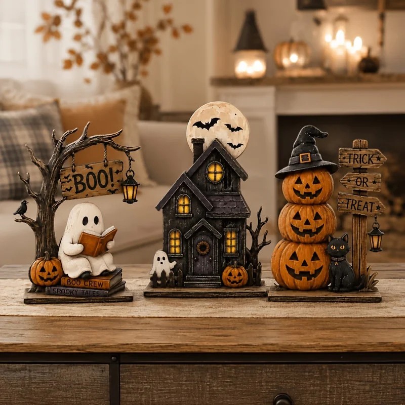 3pcs Vintage Halloween Wooden Blocks Ghost Cat Pumpkin Shelf Decor