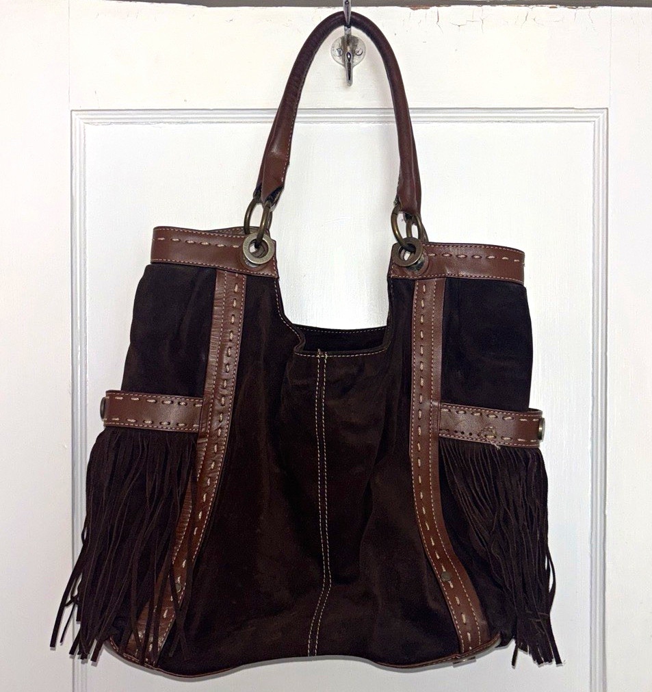 Adrienne Vittadini Brown Fringe Shoulder Bag Zip Lined Pockets Gold Hardware
