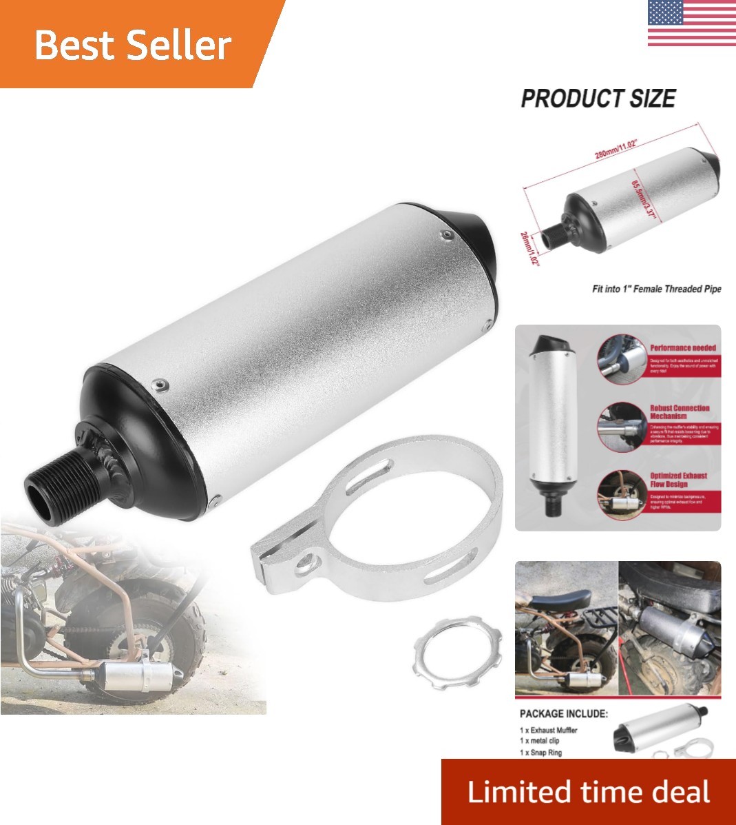 Universal 20mm Exhaust Muffler Silencer for Go Karts & Mini Bikes in Silver