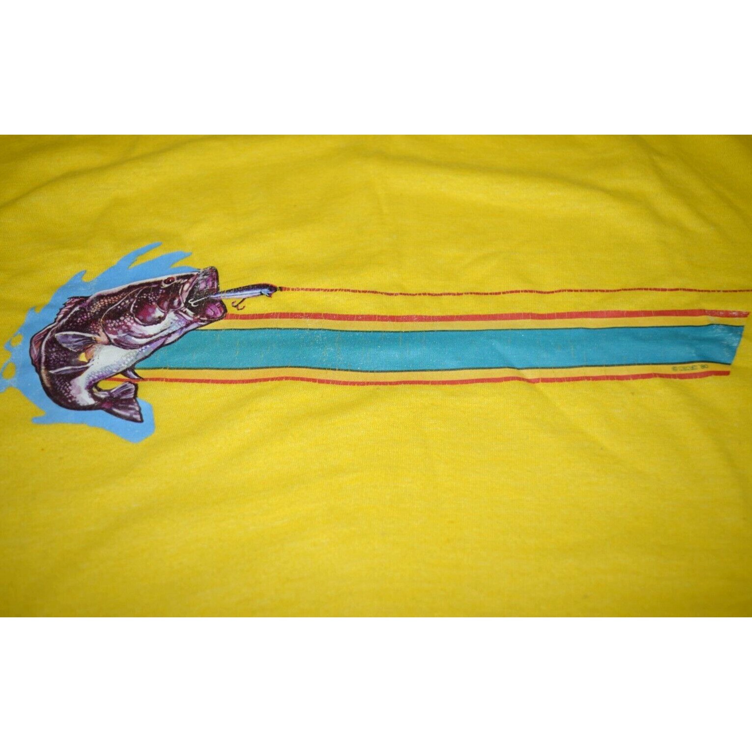 VTG 80s Single Stitch T-Shirt Bass Takes Fishing Lure Mens M Yellow Screen 1980