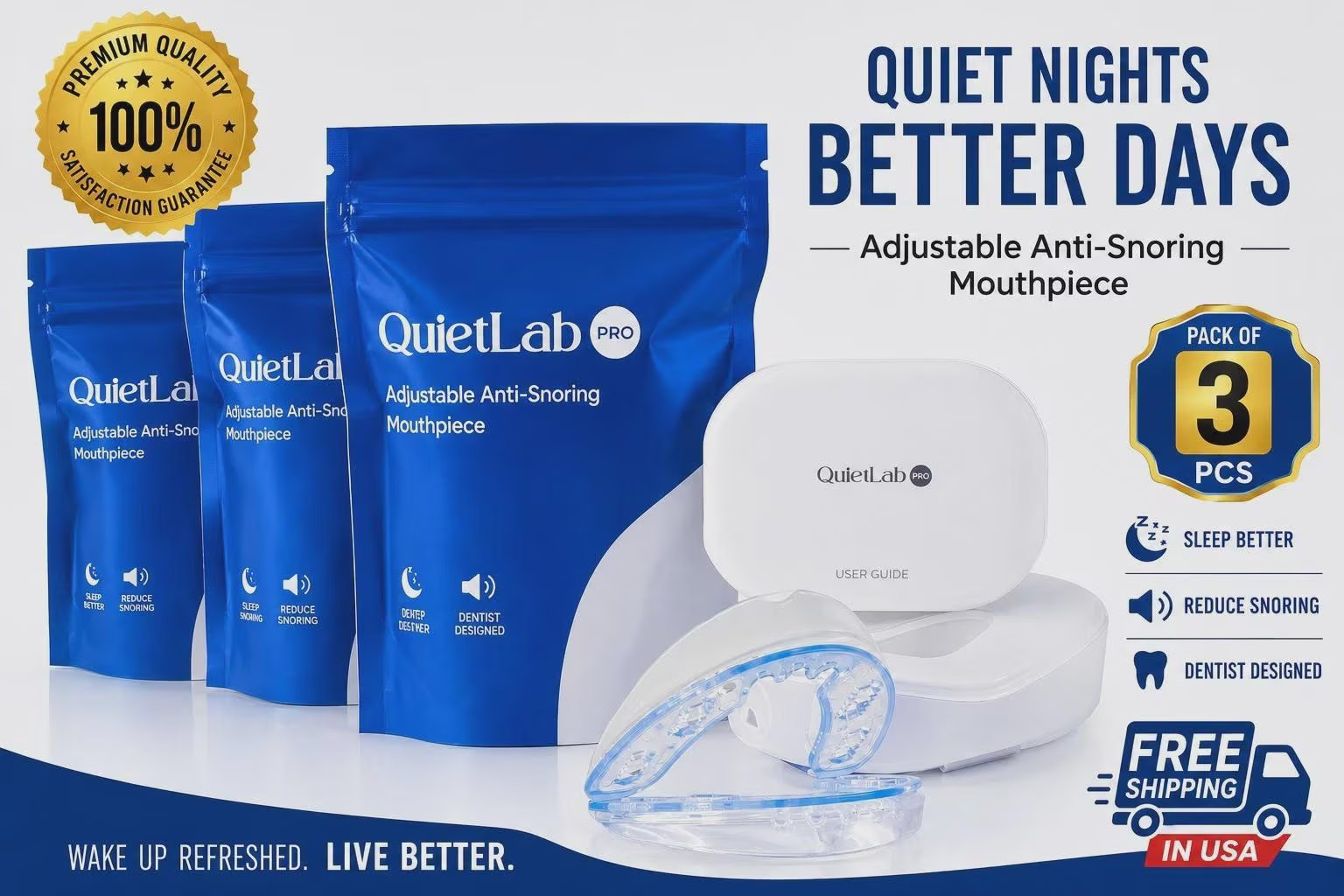 QuietLab Pro Adjustable Anti-Snoring Mouthpiece Pack of 3 + Free Brush QuietLab Pro Adjustable Anti-Snoring Mouthpiece Pack of 3 + Free Brush