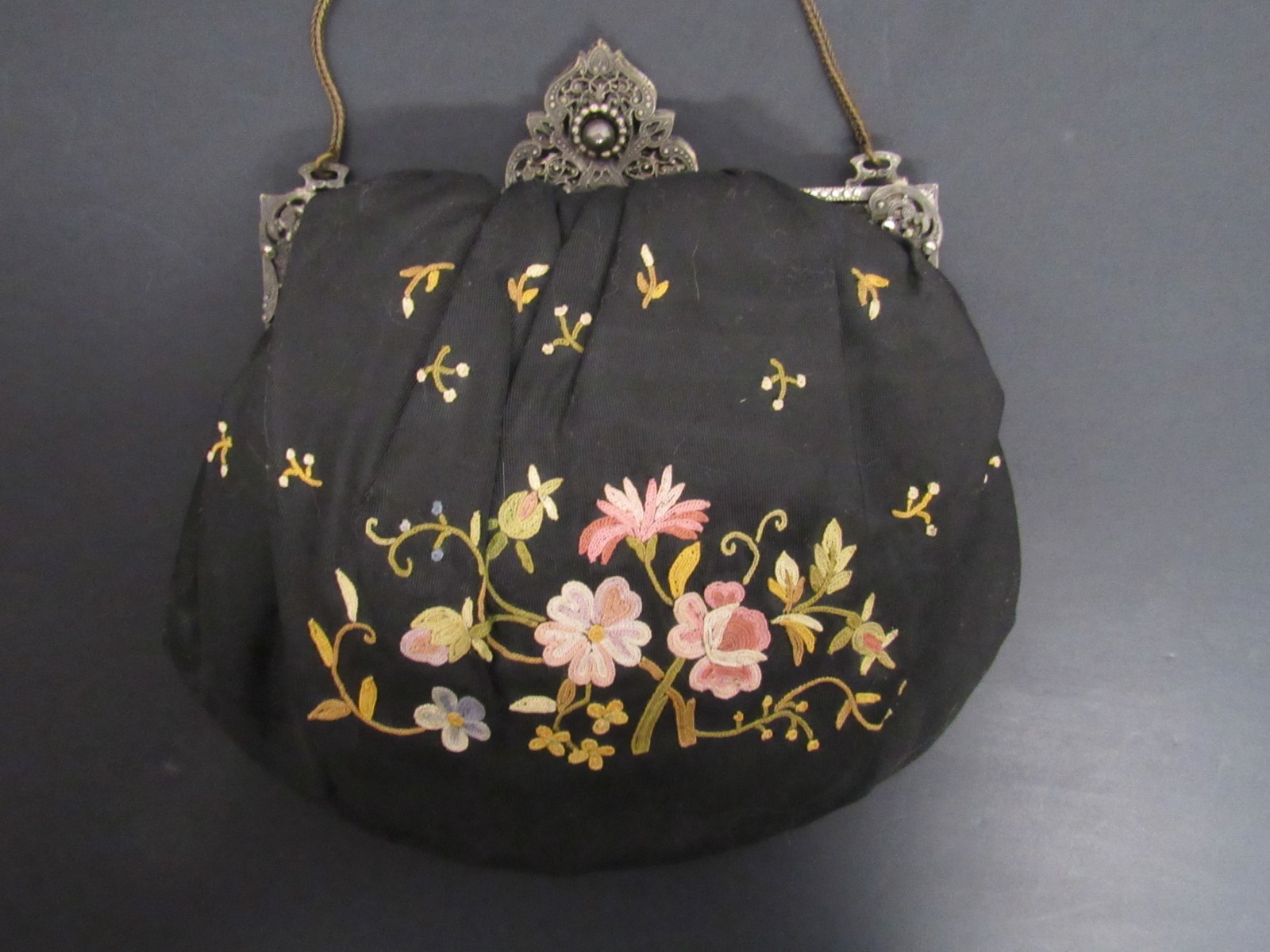 Antique 1920s Black Embroidered Evening Purse Filigree Frame Mirror Chain
